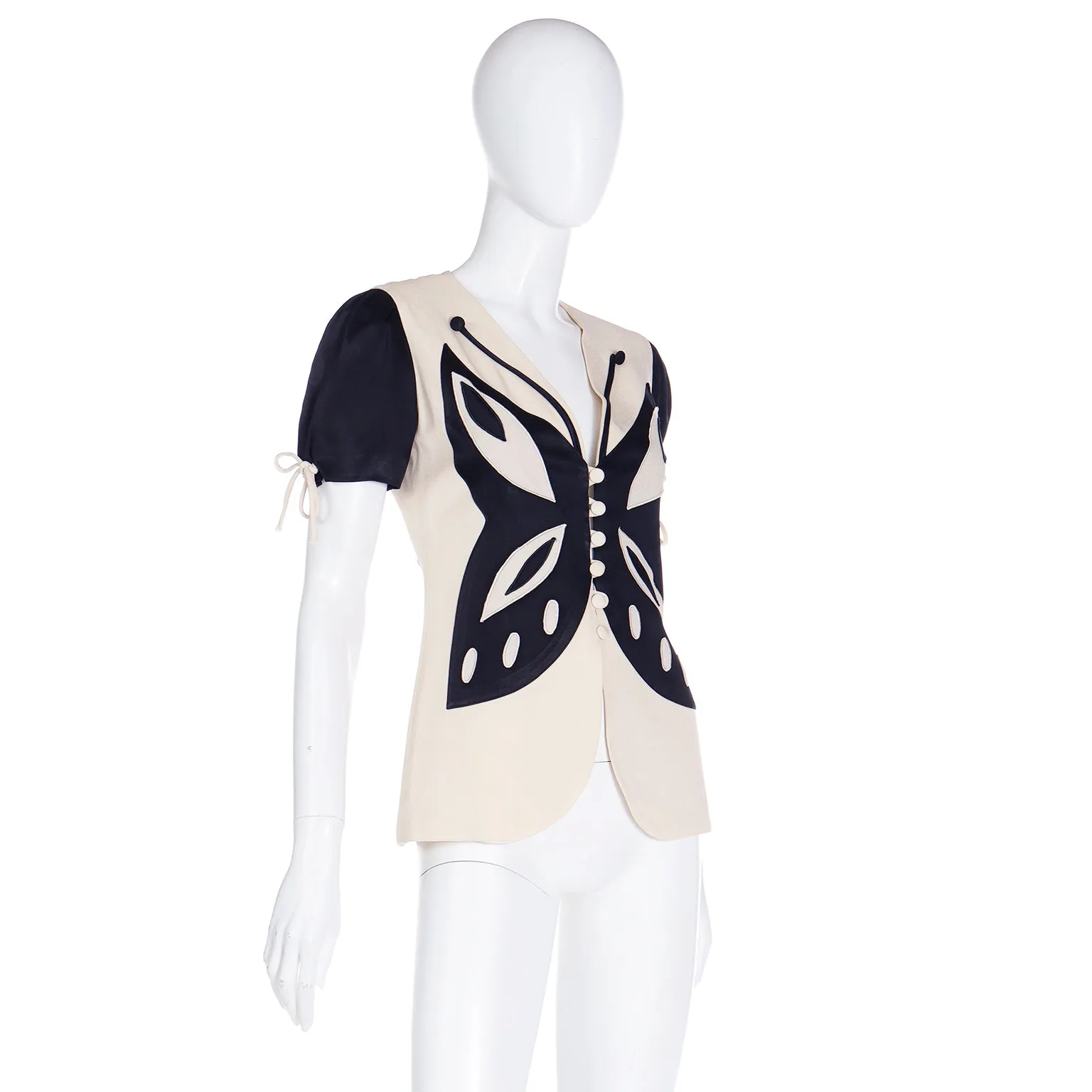 1980s or Early 1990s Franco Moschino Black & Cream Butterfly Top
