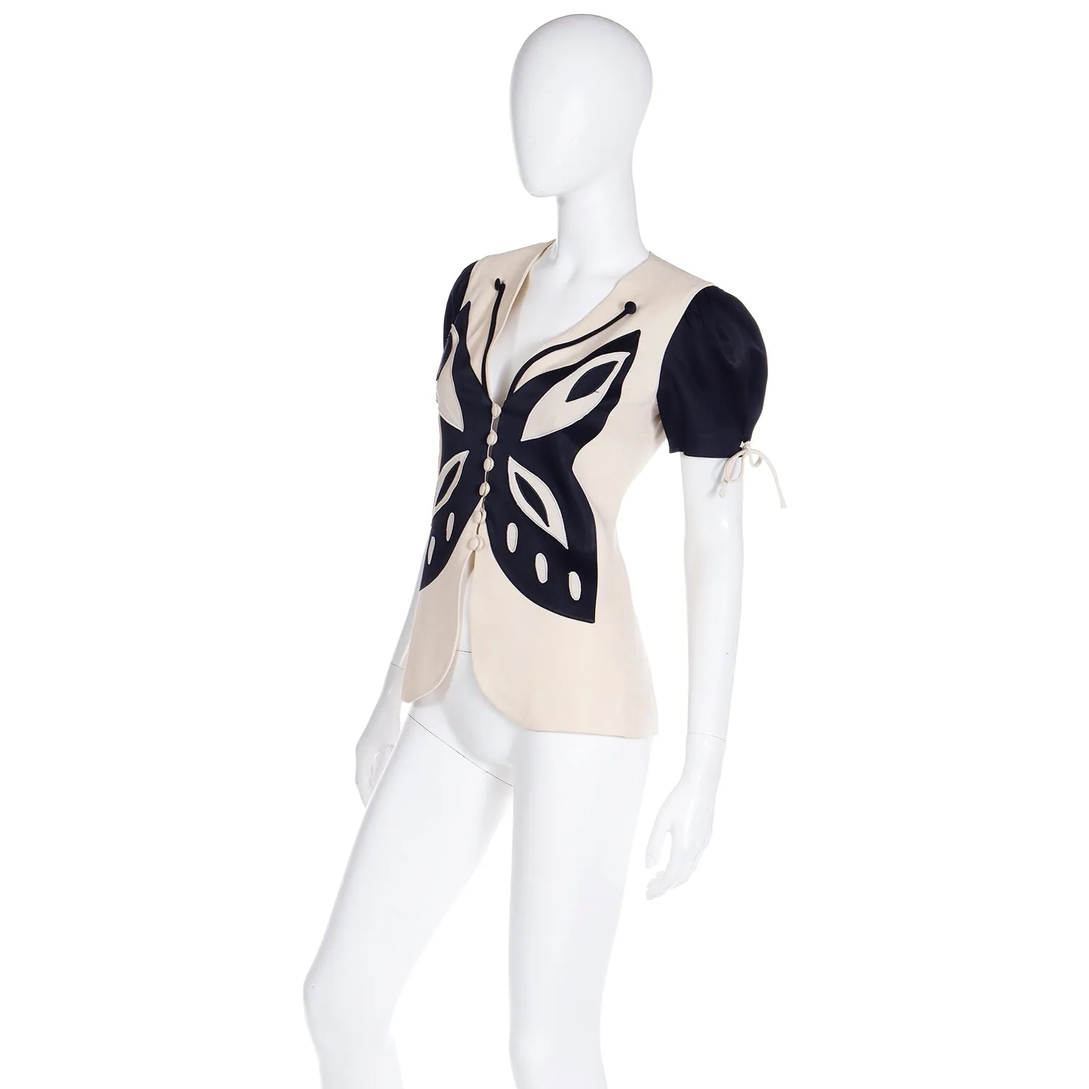 1980s or Early 1990s Franco Moschino Black & Cream Butterfly Top