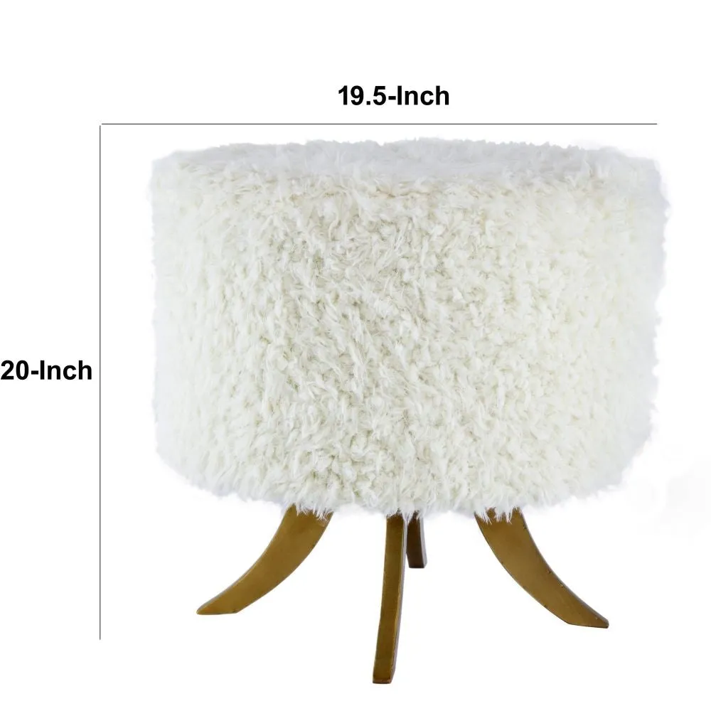 20 Inch Ottoman, Foam Filled, Shearling Fabric, Wood Frame, White, Brown By Casagear Home