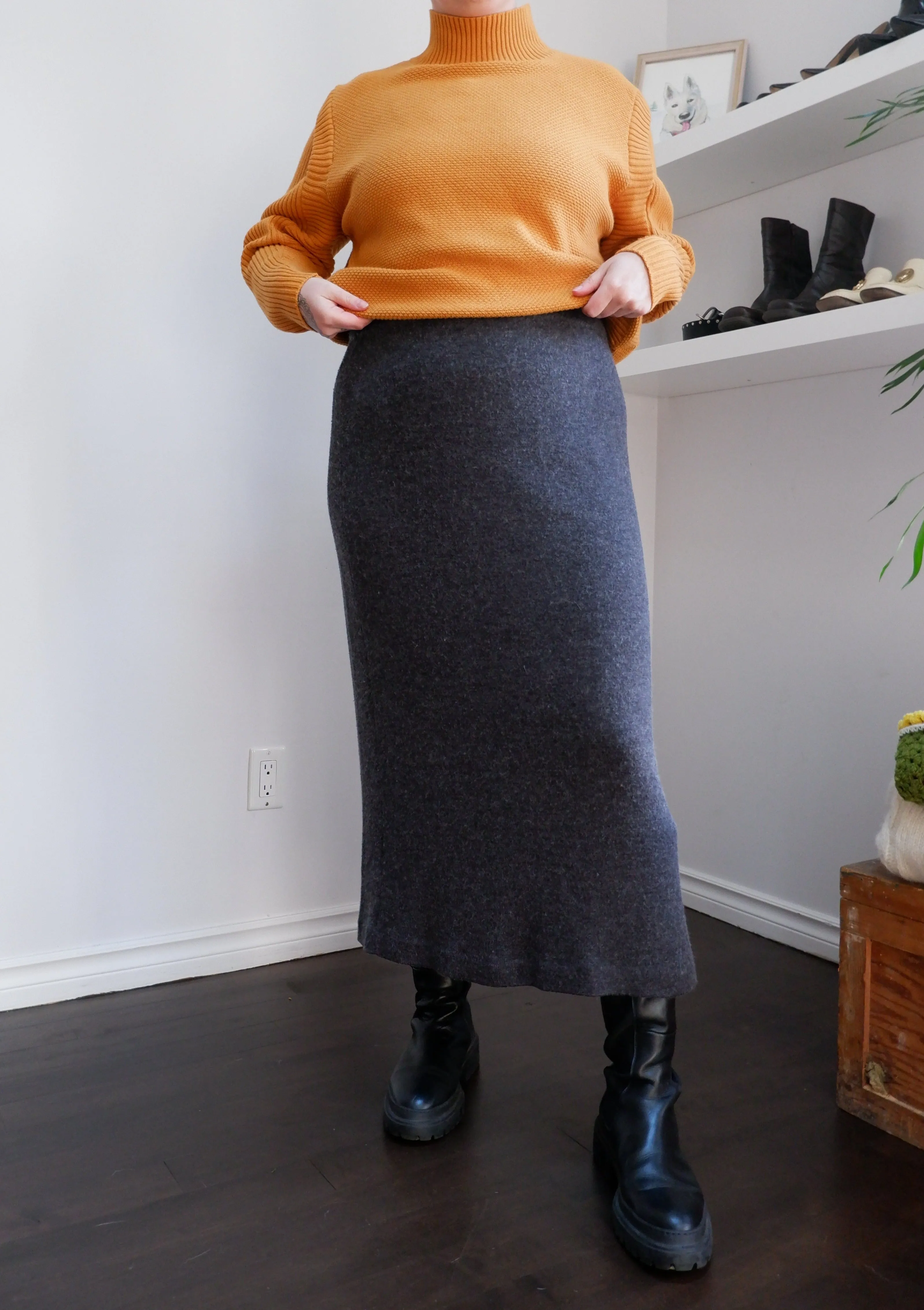 90s Charcoal Wool-Blend Knit Midi Skirt - XL/XXL
