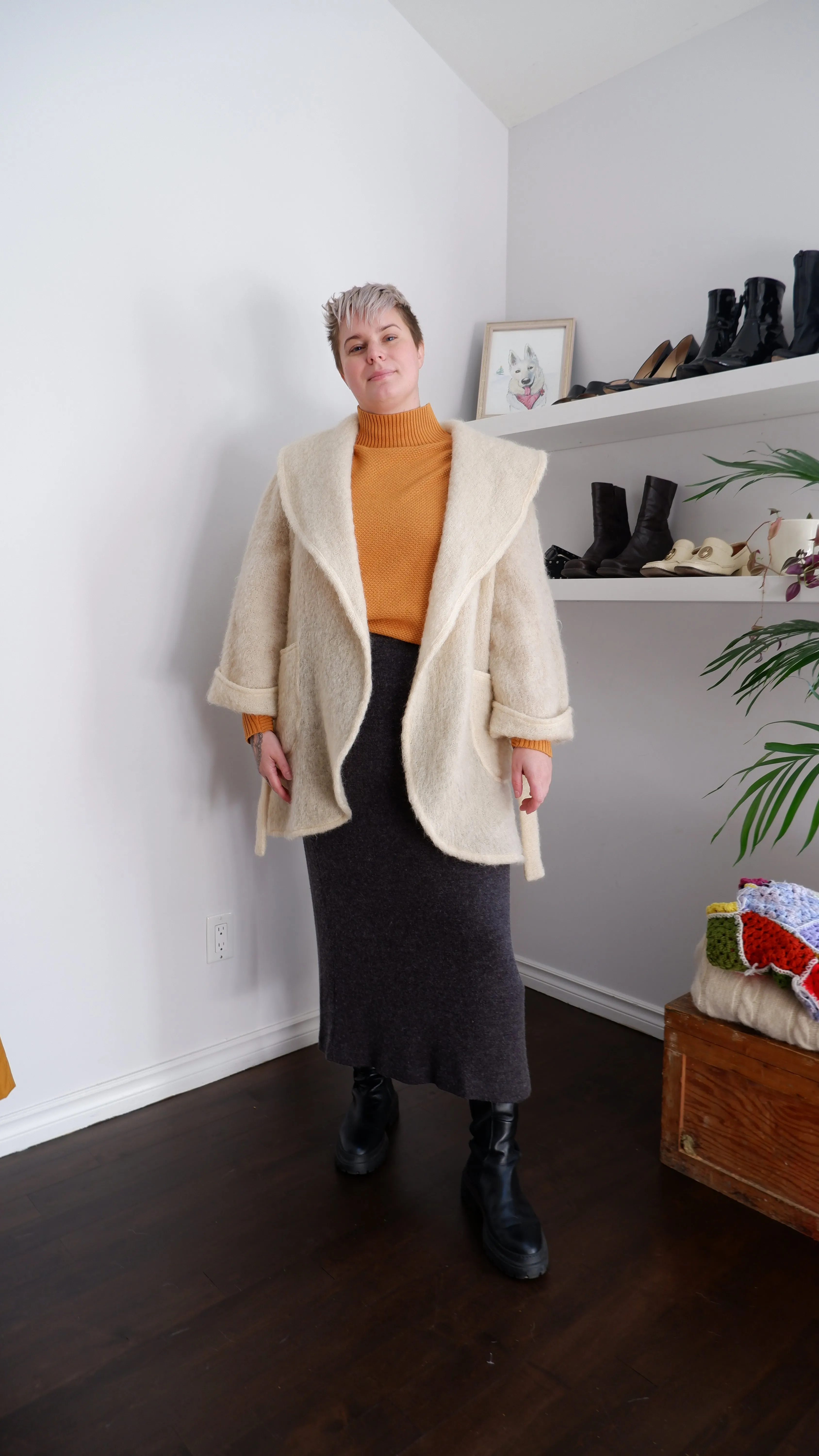 90s Charcoal Wool-Blend Knit Midi Skirt - XL/XXL