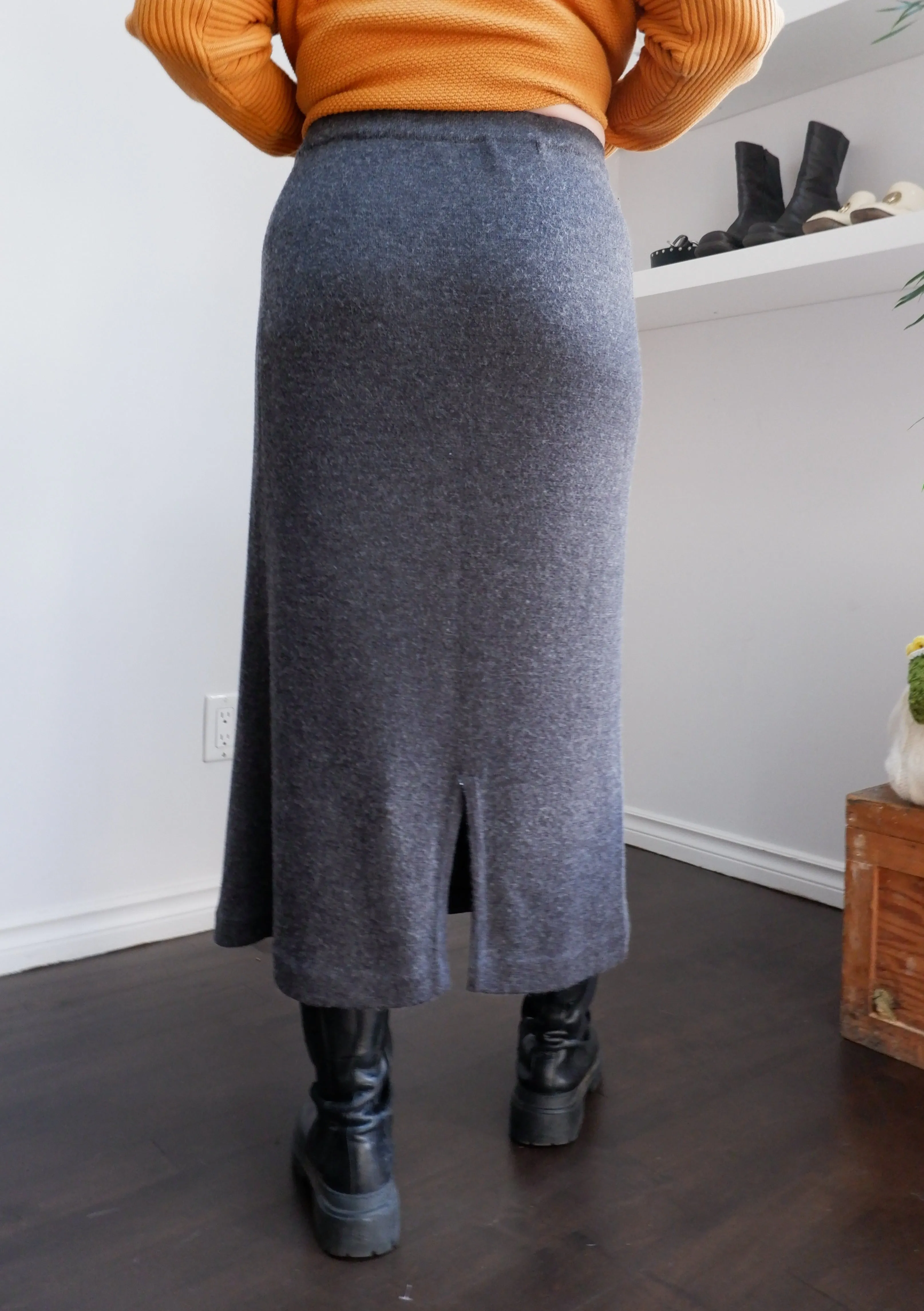 90s Charcoal Wool-Blend Knit Midi Skirt - XL/XXL