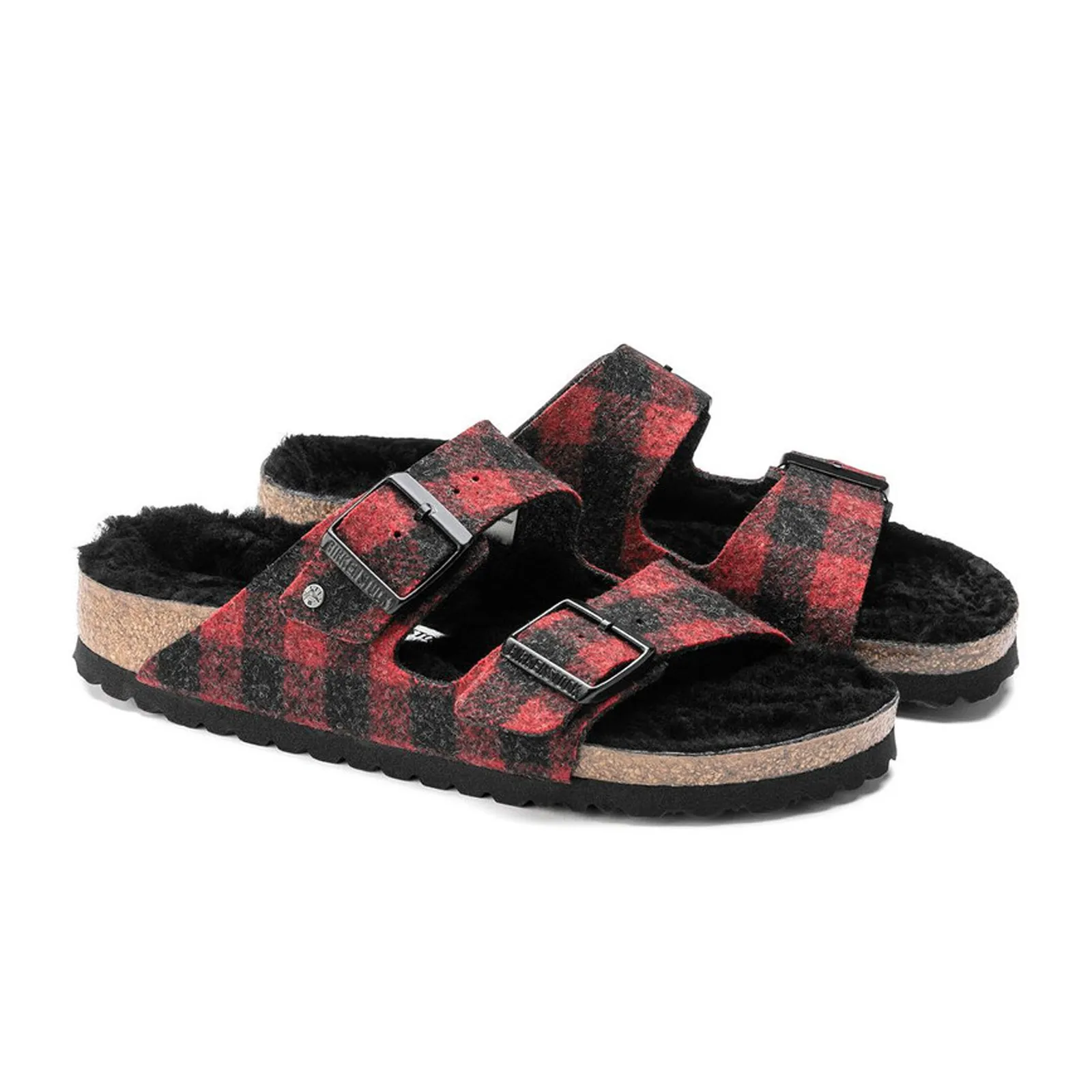 Birkenstock Arizona Slide Sandal (Women) - Red Plaid Wool/Black Shearling