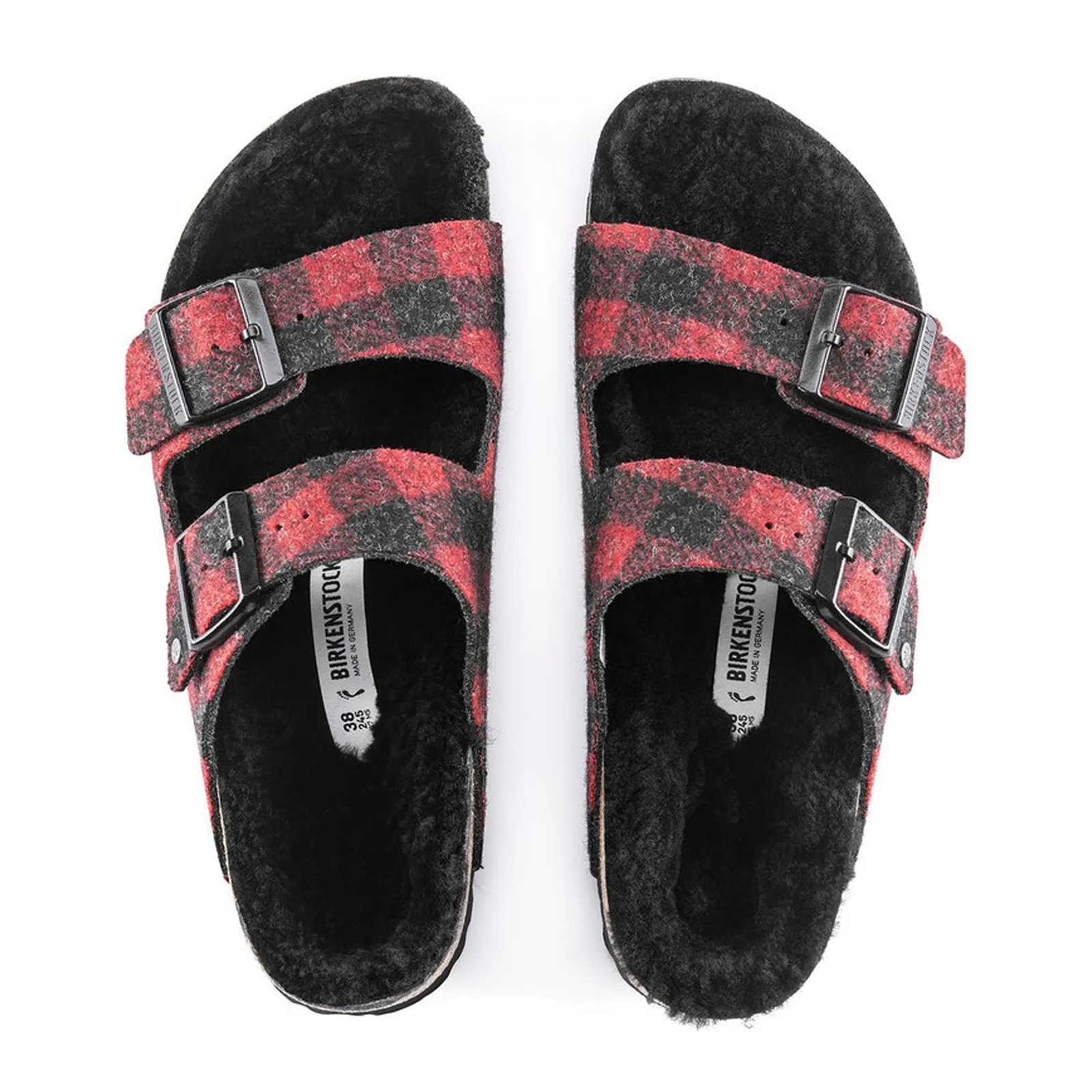 Birkenstock Arizona Slide Sandal (Women) - Red Plaid Wool/Black Shearling