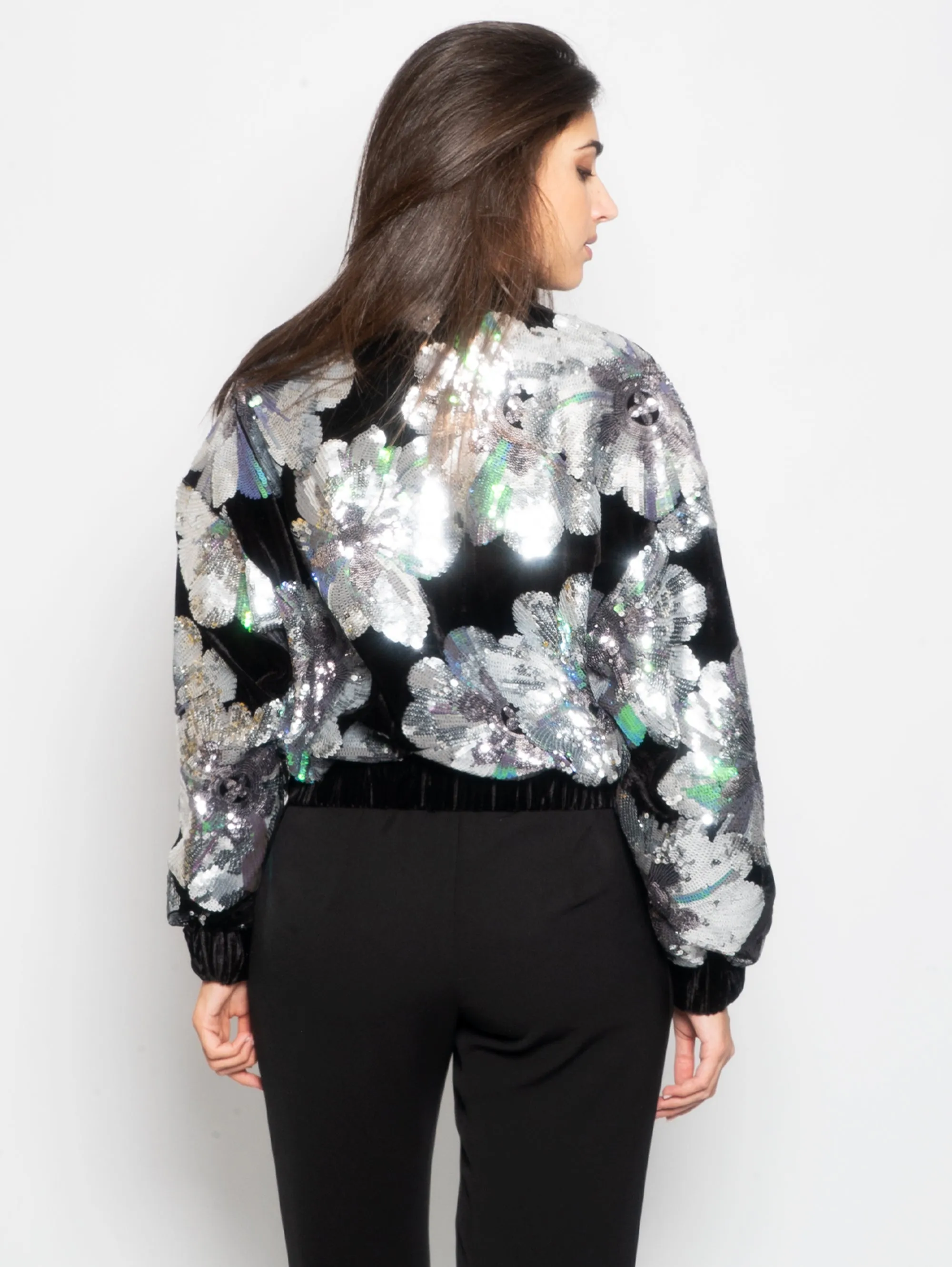Bomber in Velluto con Paillettes Nero