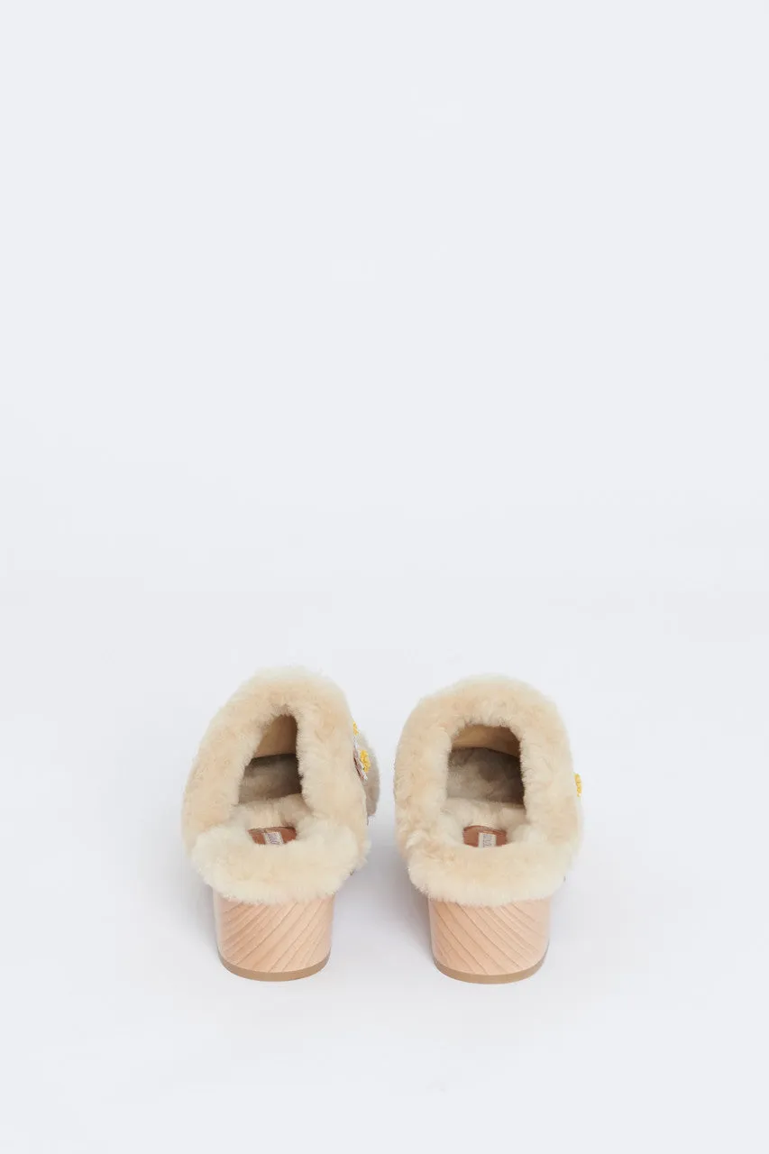 Cream Jean Floral Appliqué Shearling Preowned Clogs