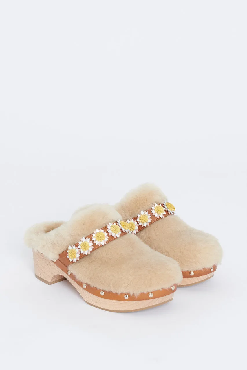 Cream Jean Floral Appliqué Shearling Preowned Clogs