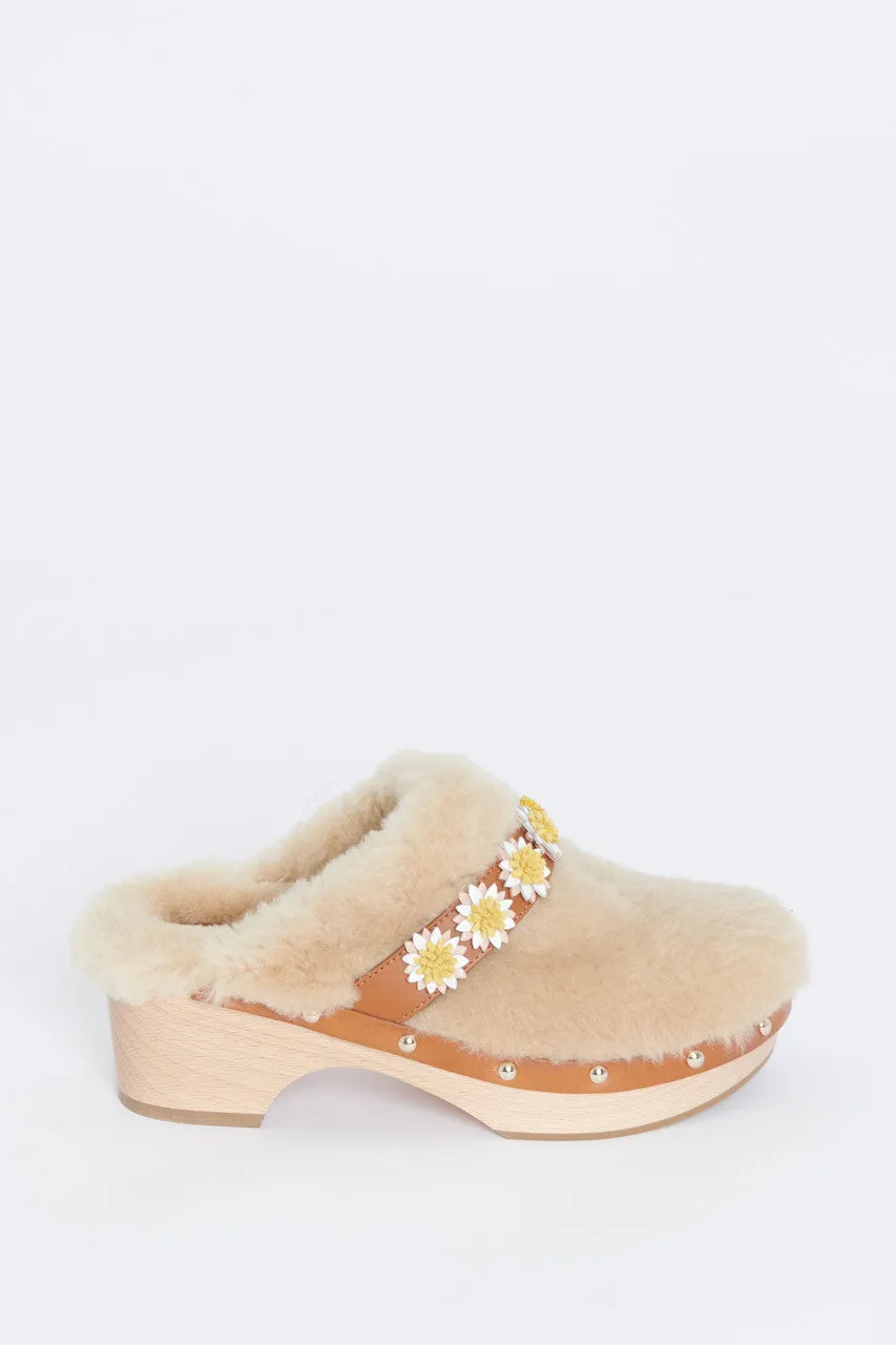 Cream Jean Floral Appliqué Shearling Preowned Clogs