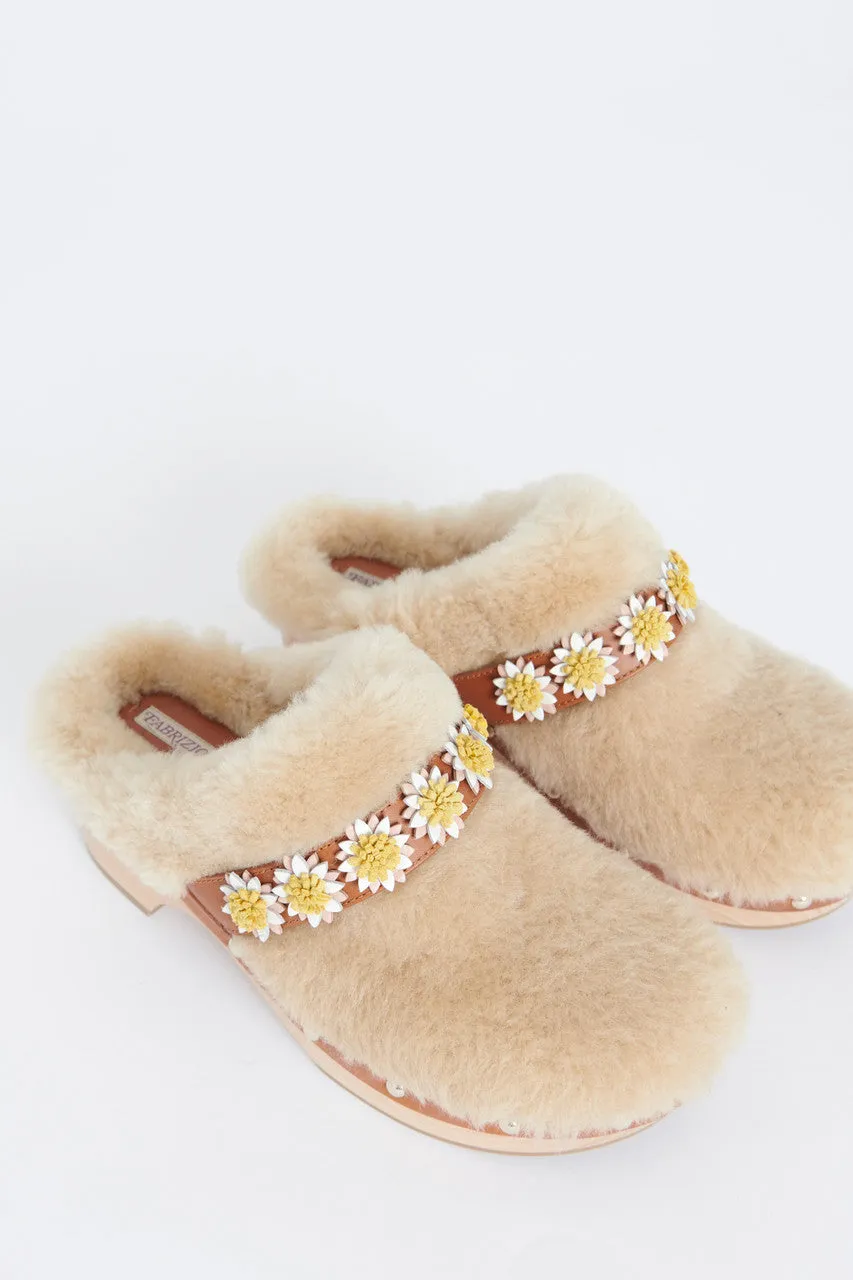 Cream Jean Floral Appliqué Shearling Preowned Clogs