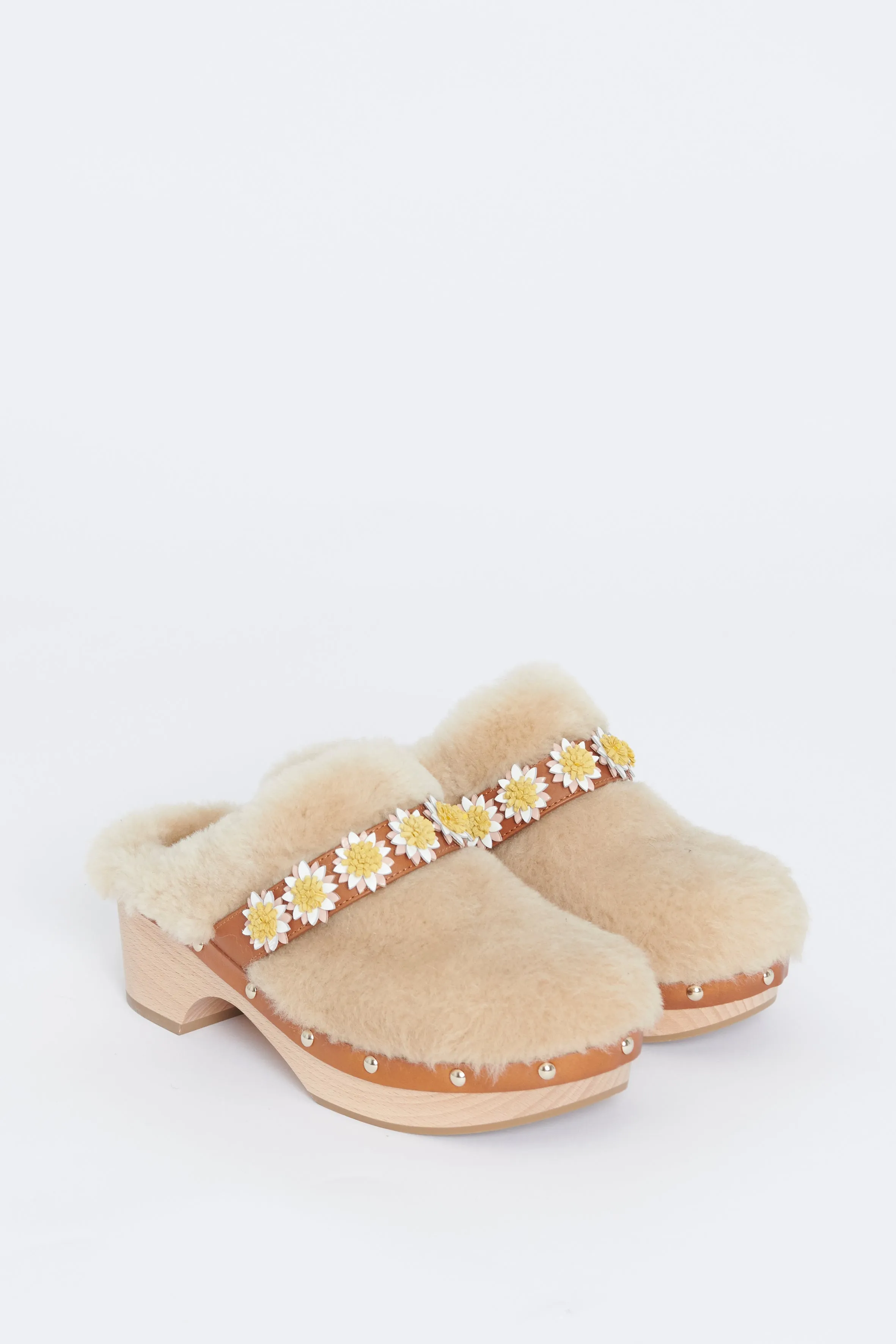 Cream Jean Floral Appliqué Shearling Preowned Clogs