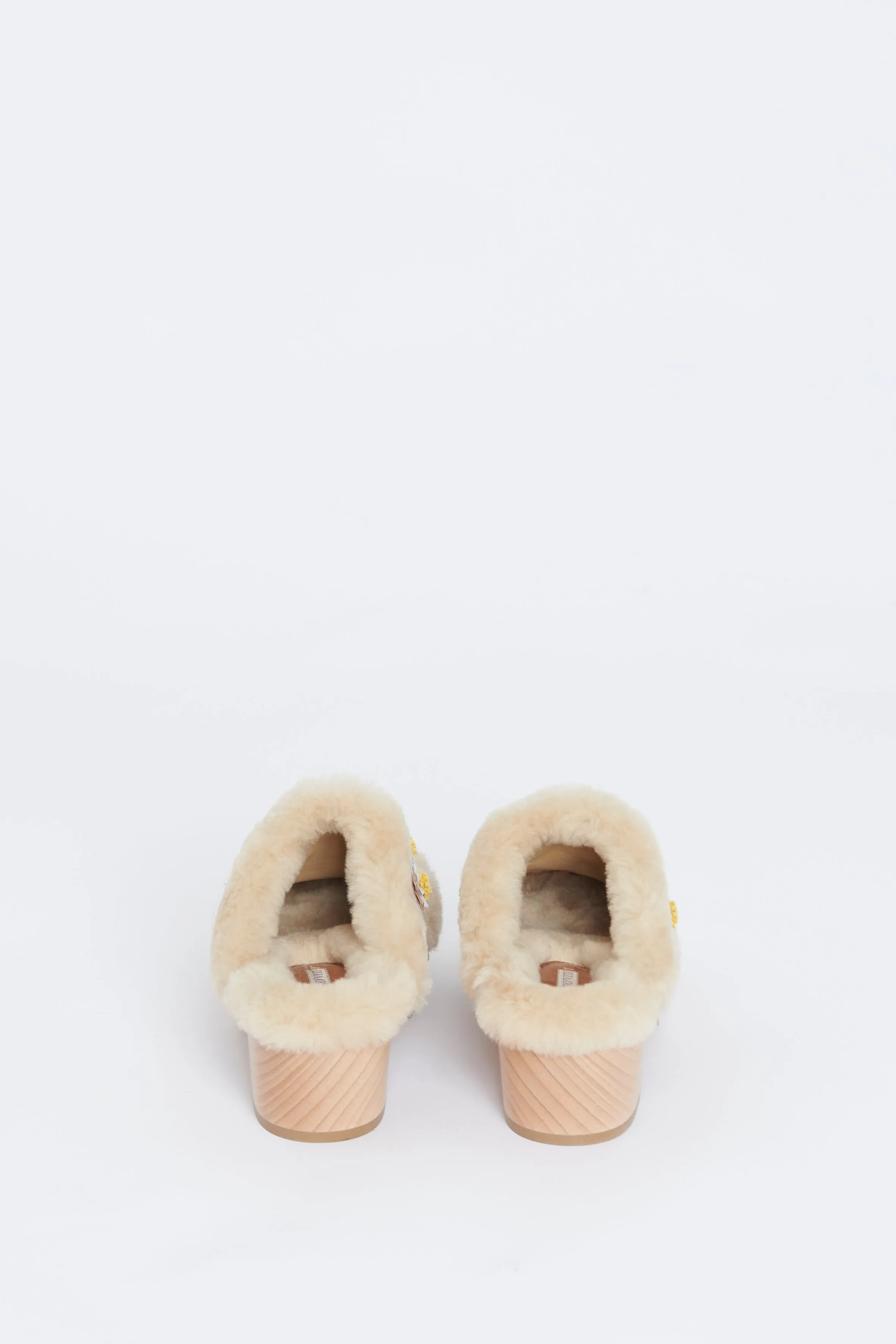 Cream Jean Floral Appliqué Shearling Preowned Clogs