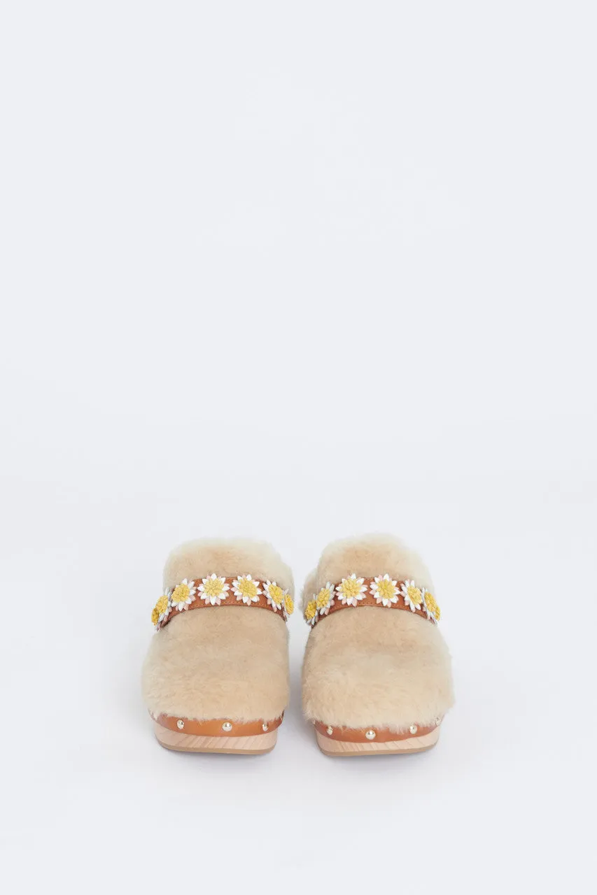 Cream Jean Floral Appliqué Shearling Preowned Clogs