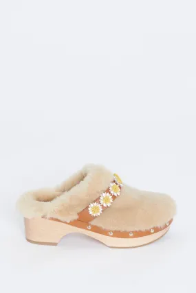 Cream Jean Floral Appliqué Shearling Preowned Clogs