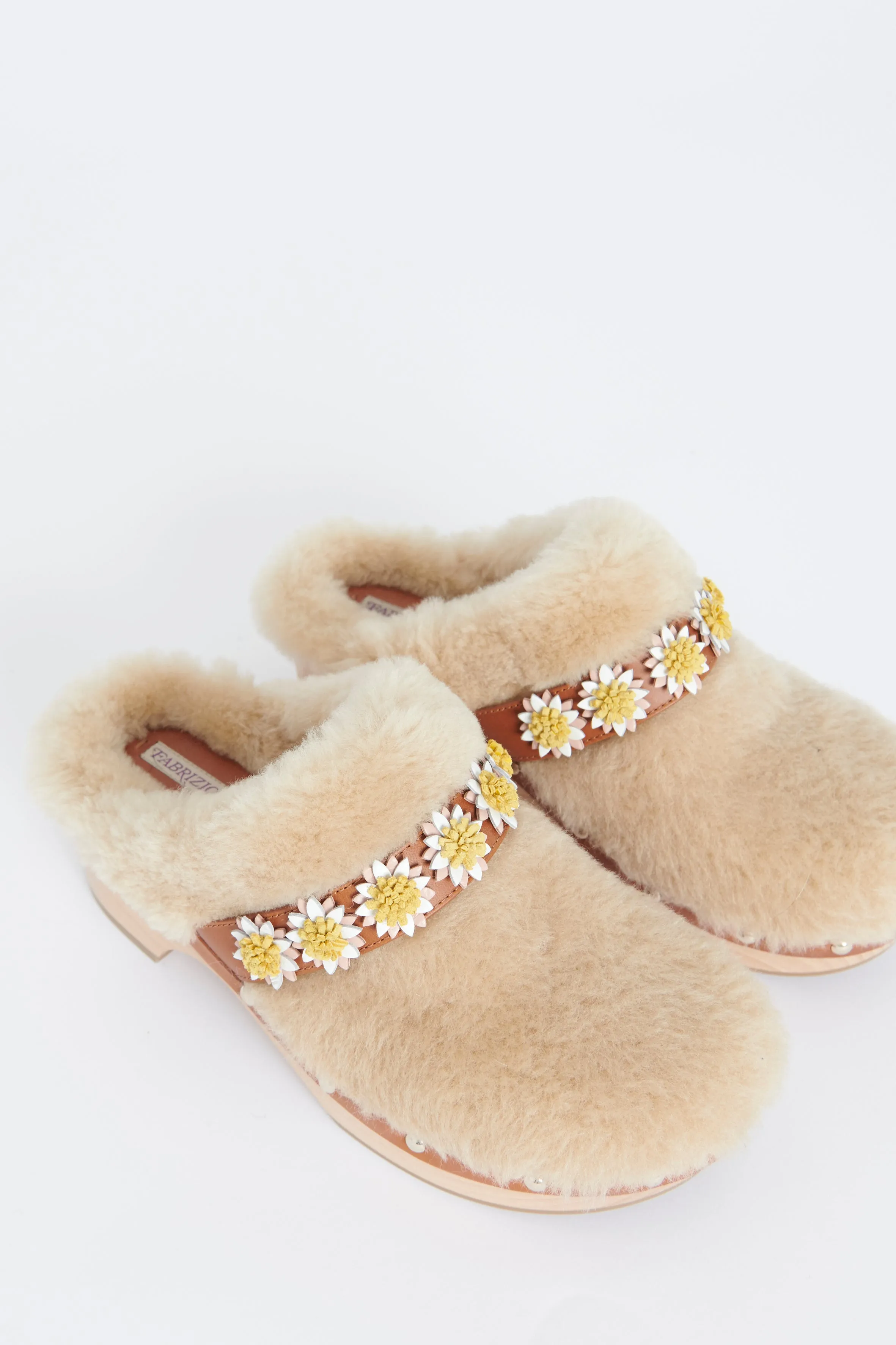 Cream Jean Floral Appliqué Shearling Preowned Clogs