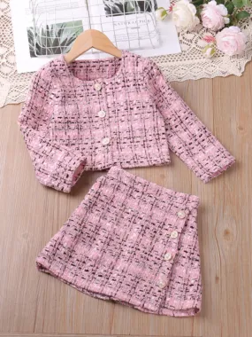 Girls Chic Pink Tweed Jacket and Skirt Set