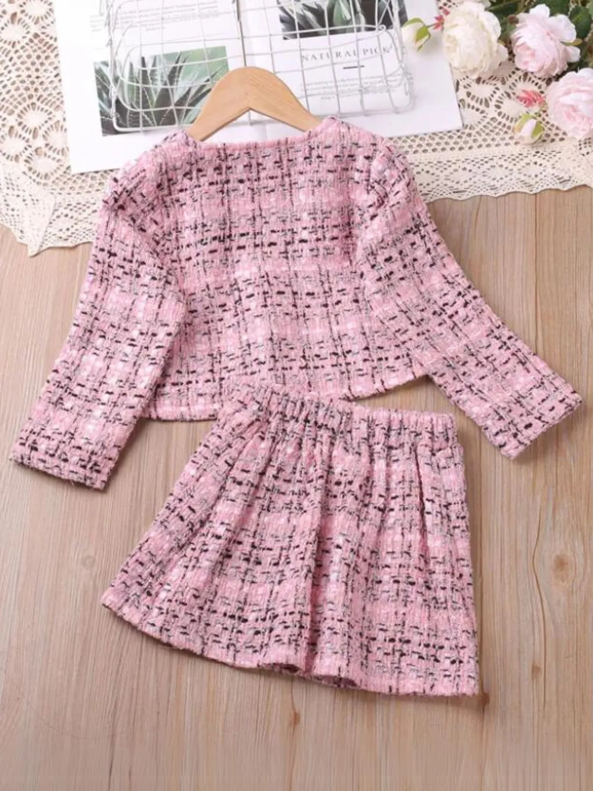 Girls Chic Pink Tweed Jacket and Skirt Set