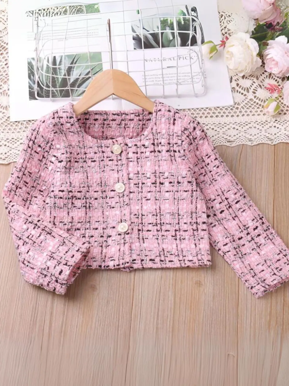 Girls Chic Pink Tweed Jacket and Skirt Set