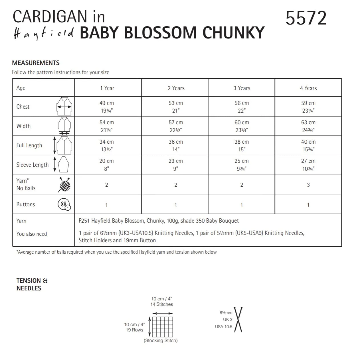 Hayfield Blossom Chunky Childs One Button Cardigan Knitting Pattern 5572