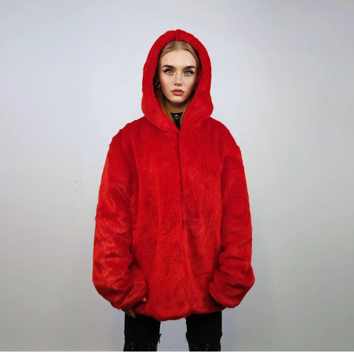 Hooded red faux fur jacket shaggy bomber bright raver puffer fluffy winter fleece festival coat burning man trench fancy dress overcoat