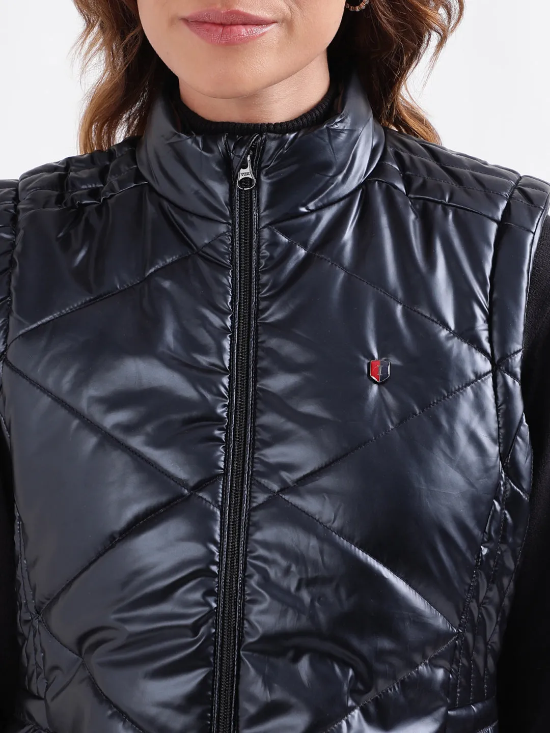Iconic Women Solid Sleeveless Stand Collar Jacket