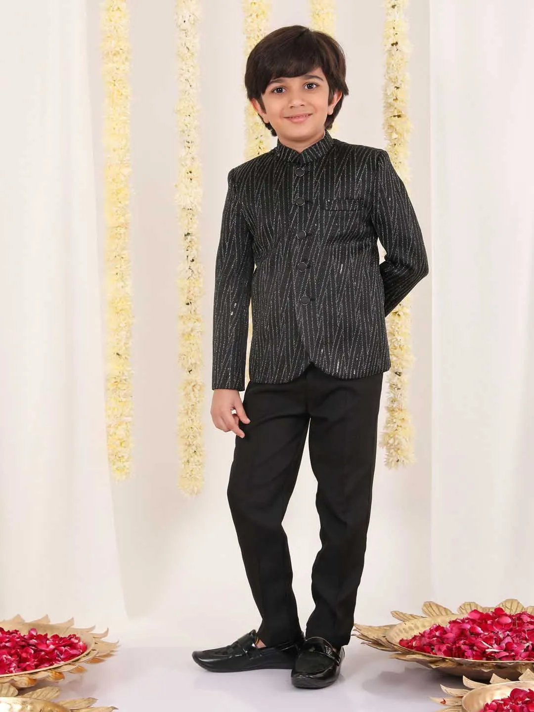 Jashvi Boy's Black Sequined Jodhpuri