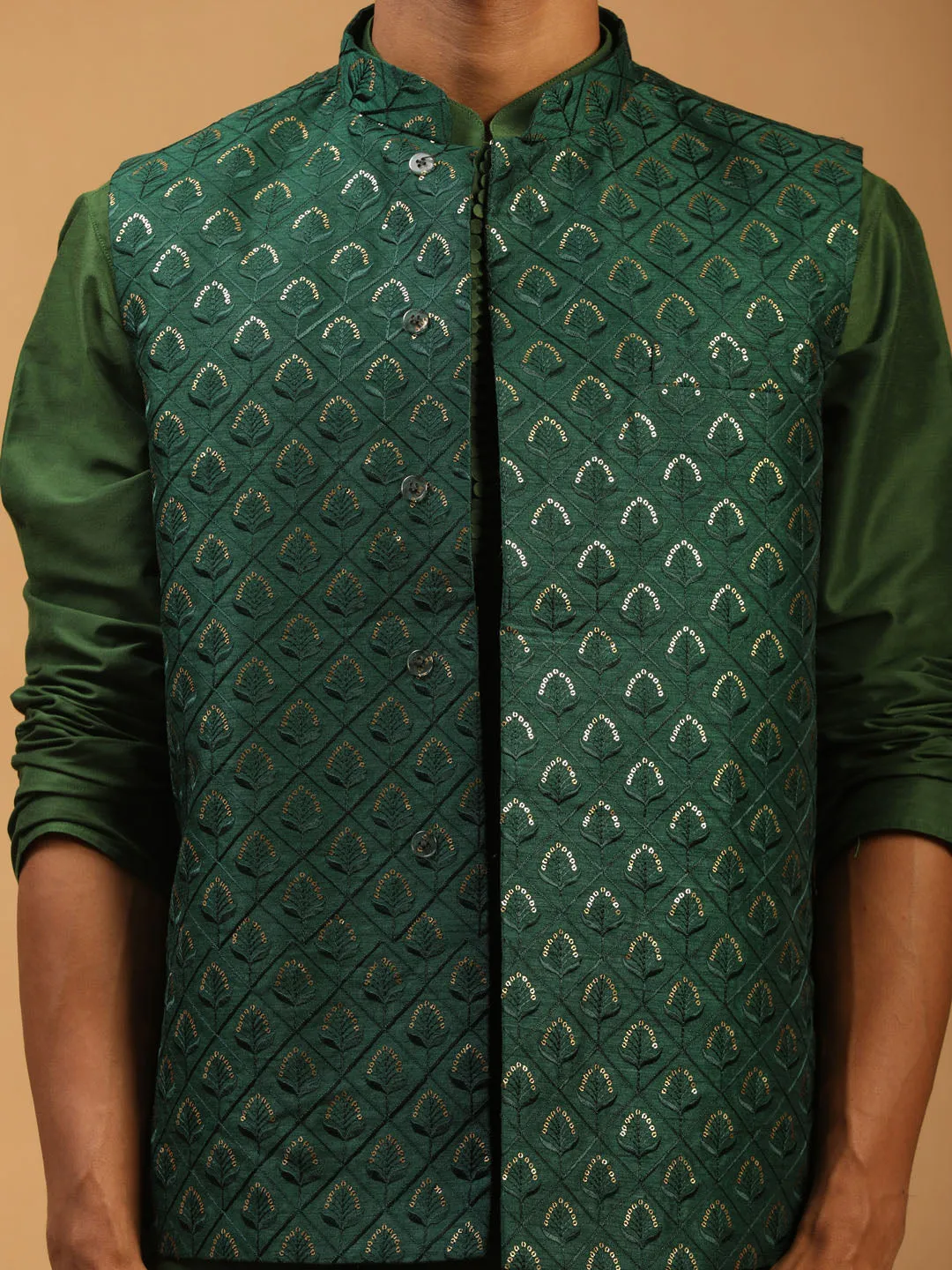 Jashvi Men's Green Embellished Jacket And Green Kurta And Pant Set