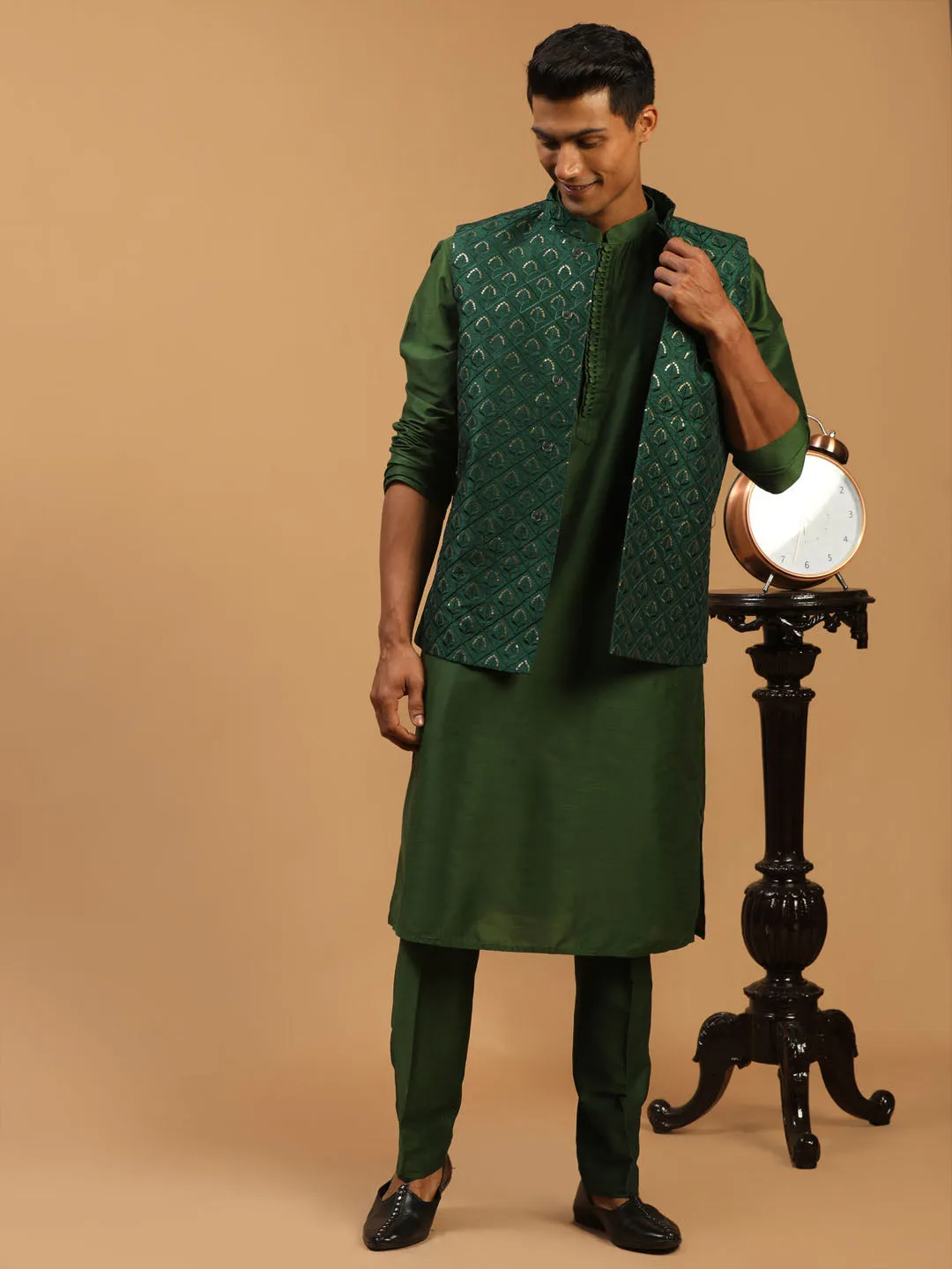 Jashvi Men's Green Embellished Jacket And Green Kurta And Pant Set