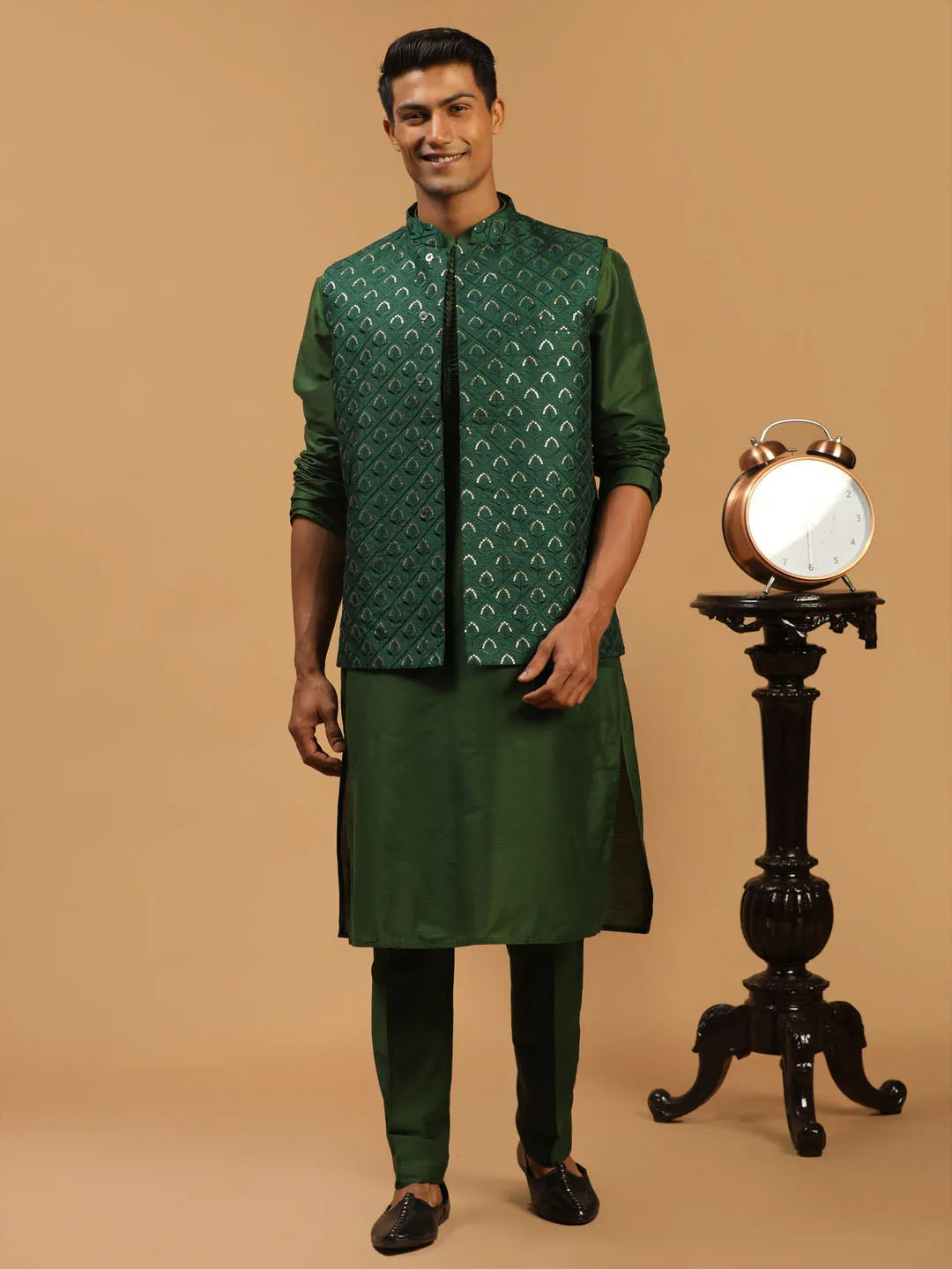 Jashvi Men's Green Embellished Jacket And Green Kurta And Pant Set