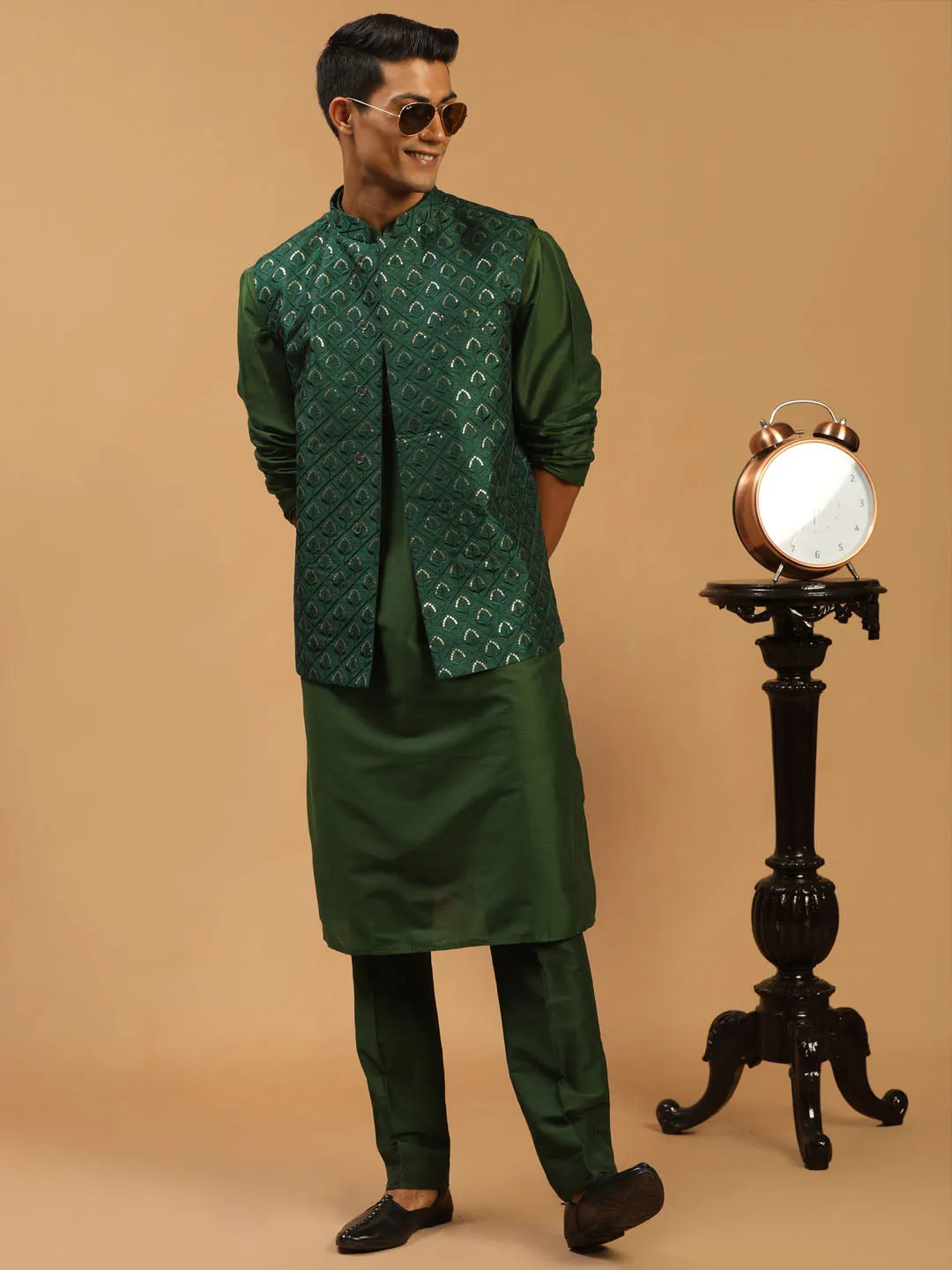 Jashvi Men's Green Embellished Jacket And Green Kurta And Pant Set
