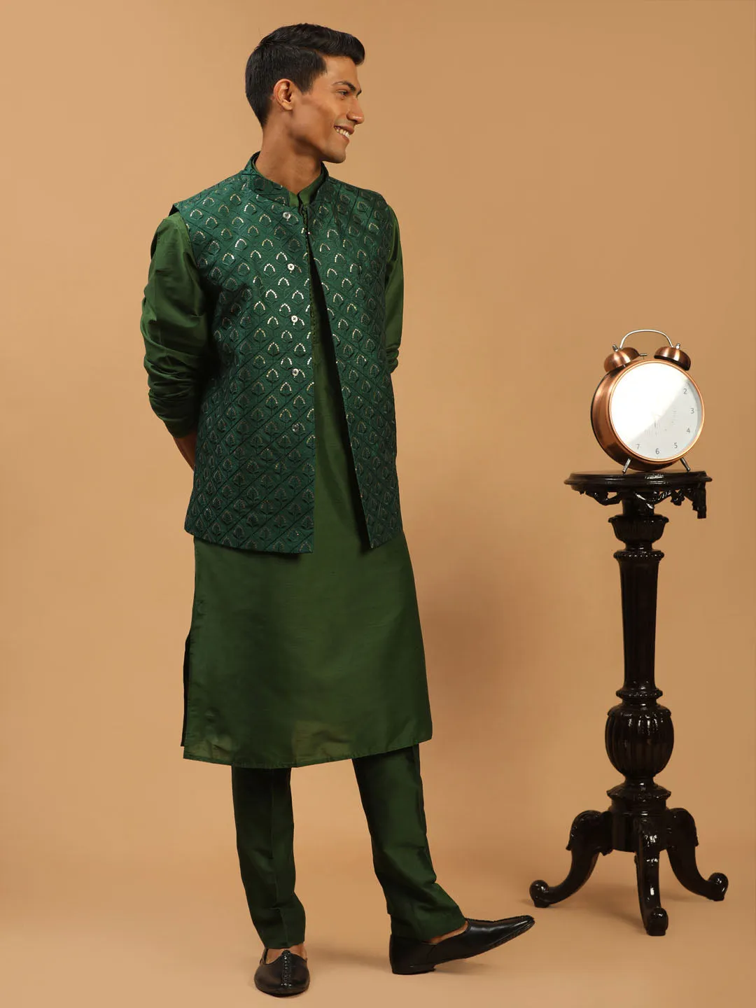 Jashvi Men's Green Embellished Jacket And Green Kurta And Pant Set