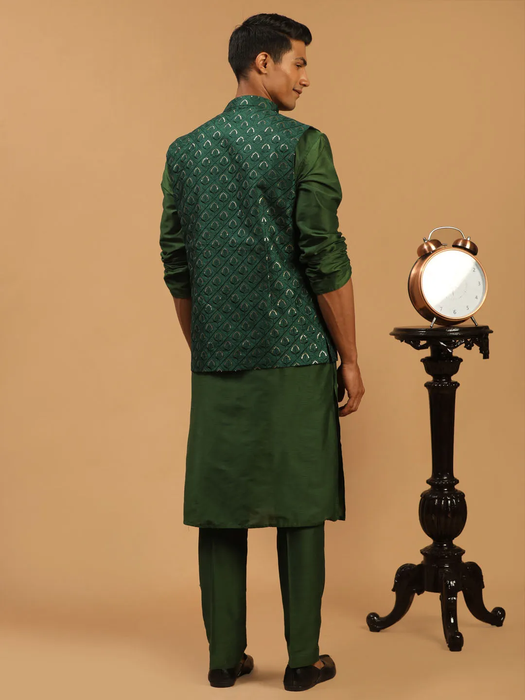 Jashvi Men's Green Embellished Jacket And Green Kurta And Pant Set