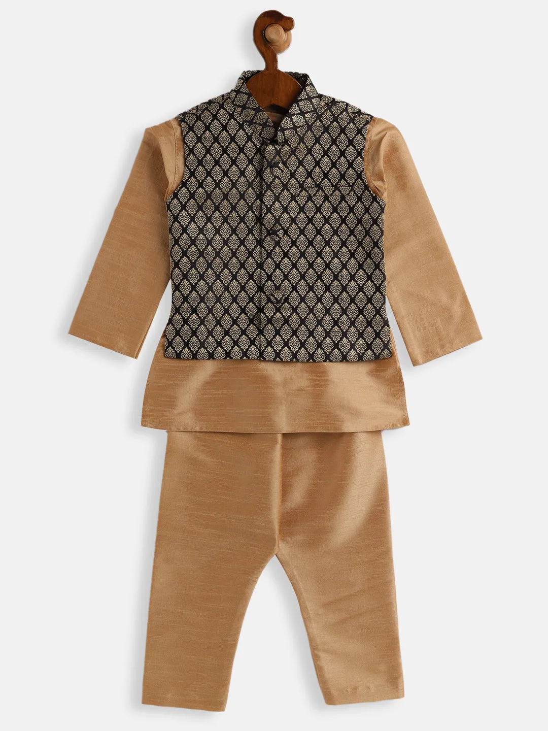 Jashvi SISHU Boys Rose Gold Silk Blend Jacket, Kurta and Pyjama Set
