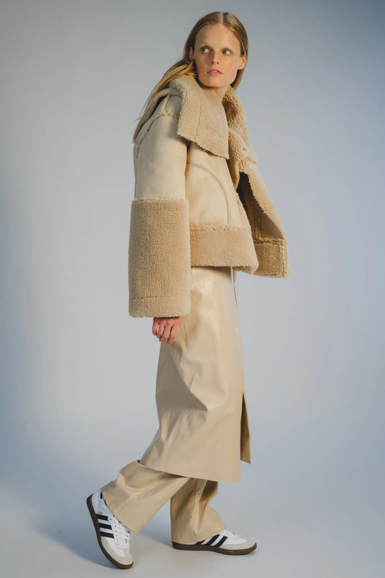 Marlise Shearling Moto Coat, Natural