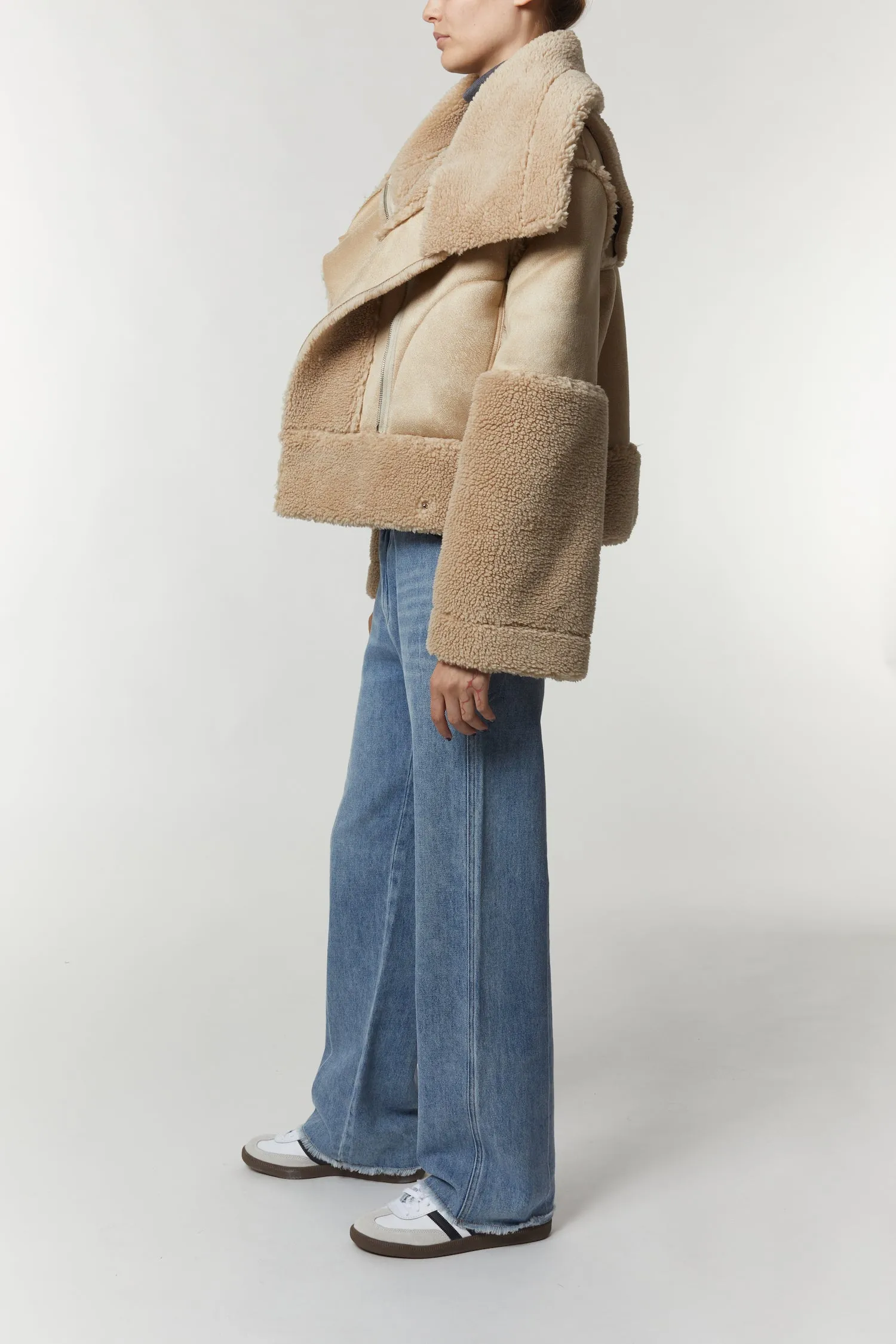 Marlise Shearling Moto Coat, Natural