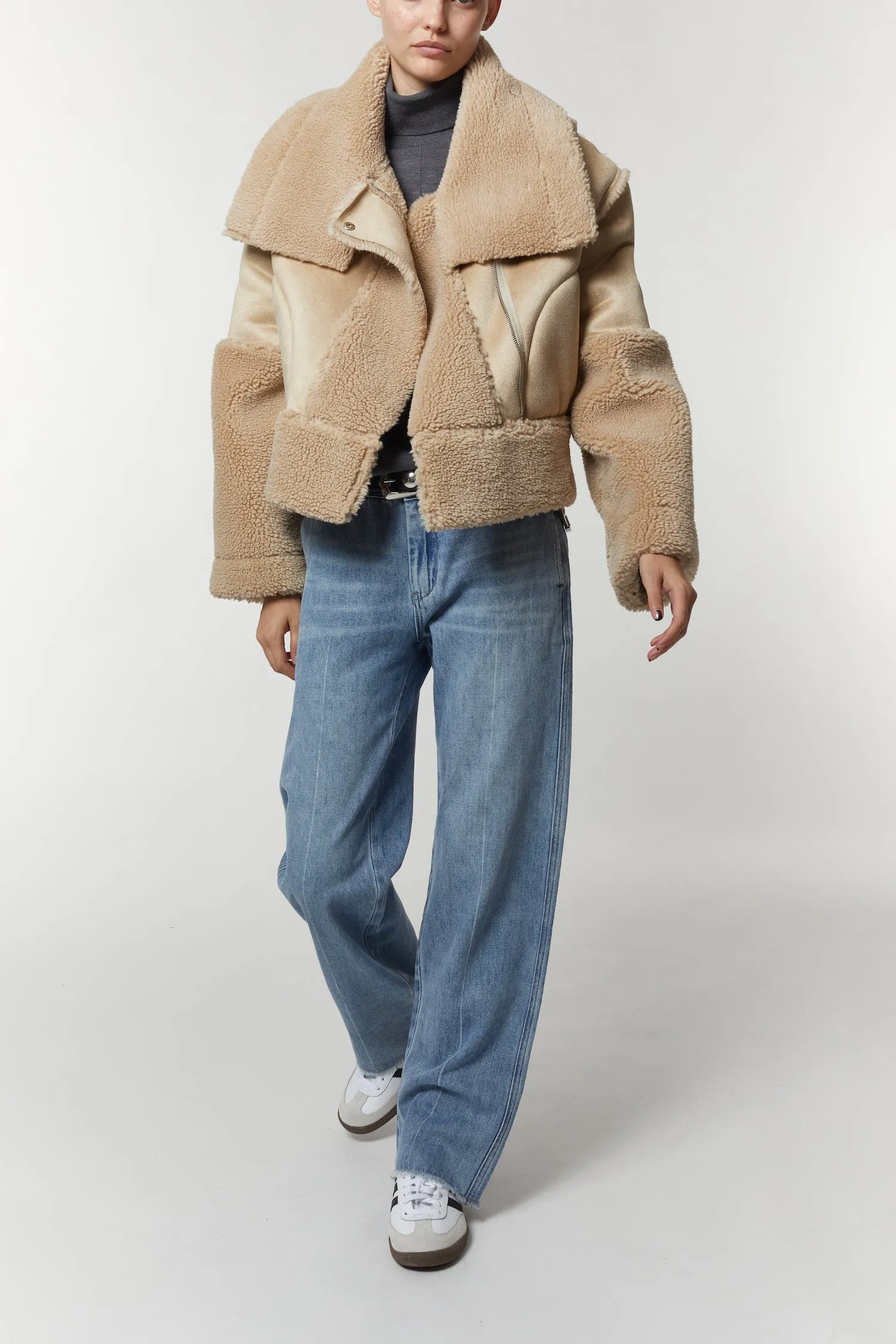 Marlise Shearling Moto Coat, Natural