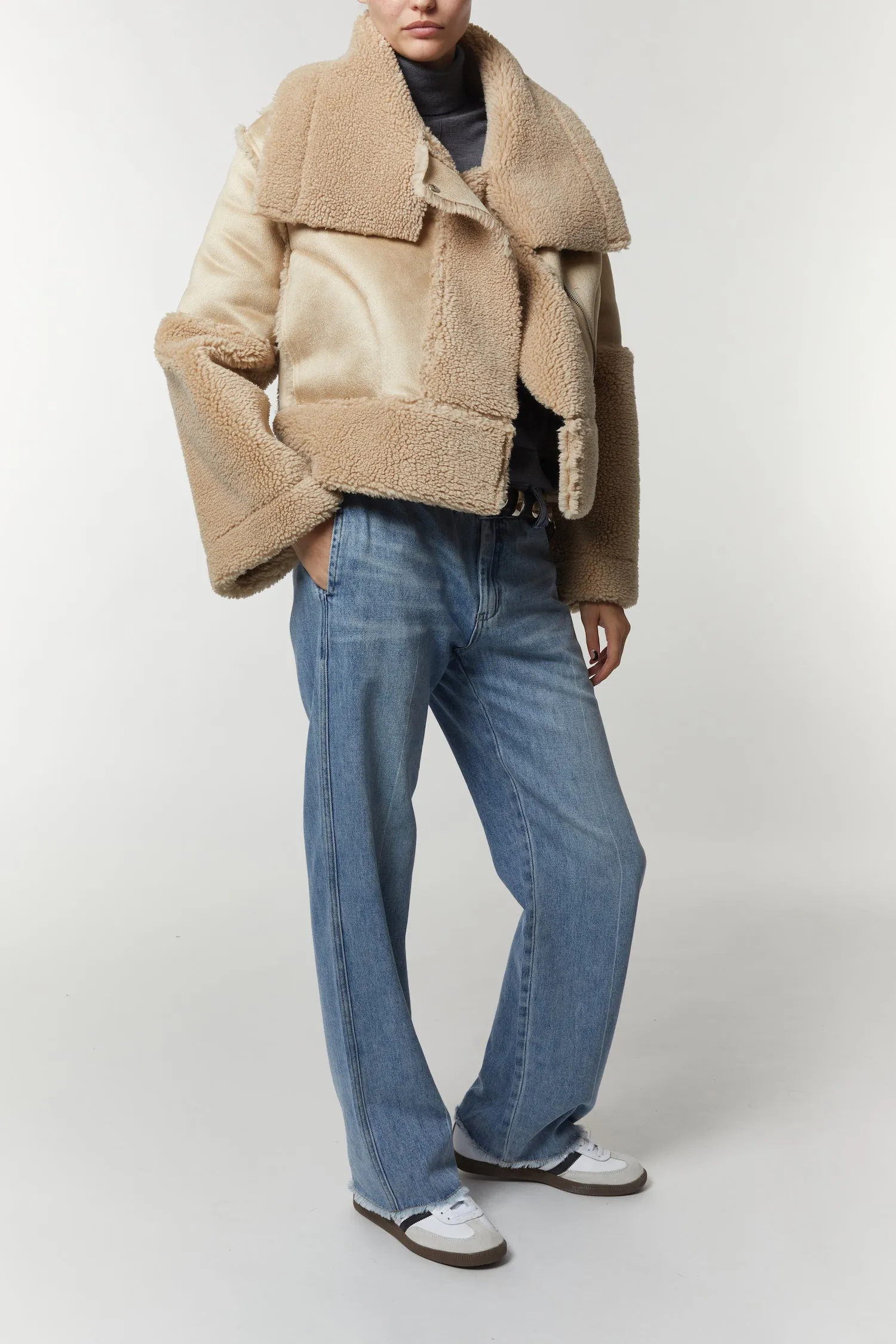 Marlise Shearling Moto Coat, Natural