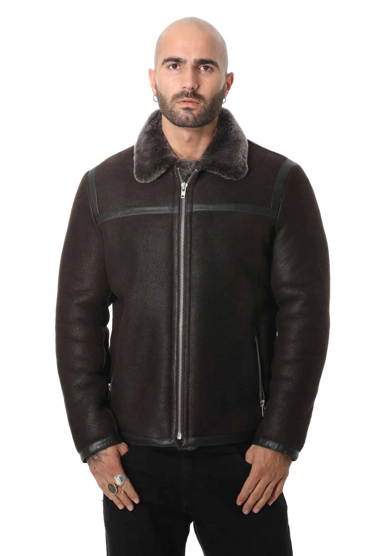Men's Leather Jacket, Washed Brown with Brissa Wool