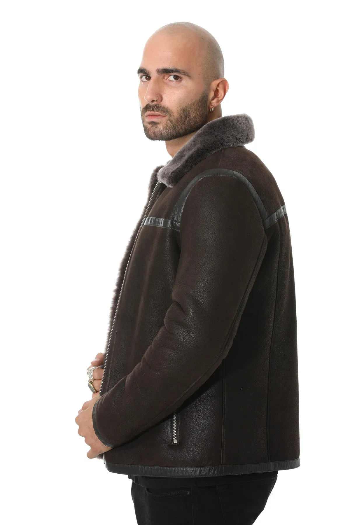 Men's Leather Jacket, Washed Brown with Brissa Wool