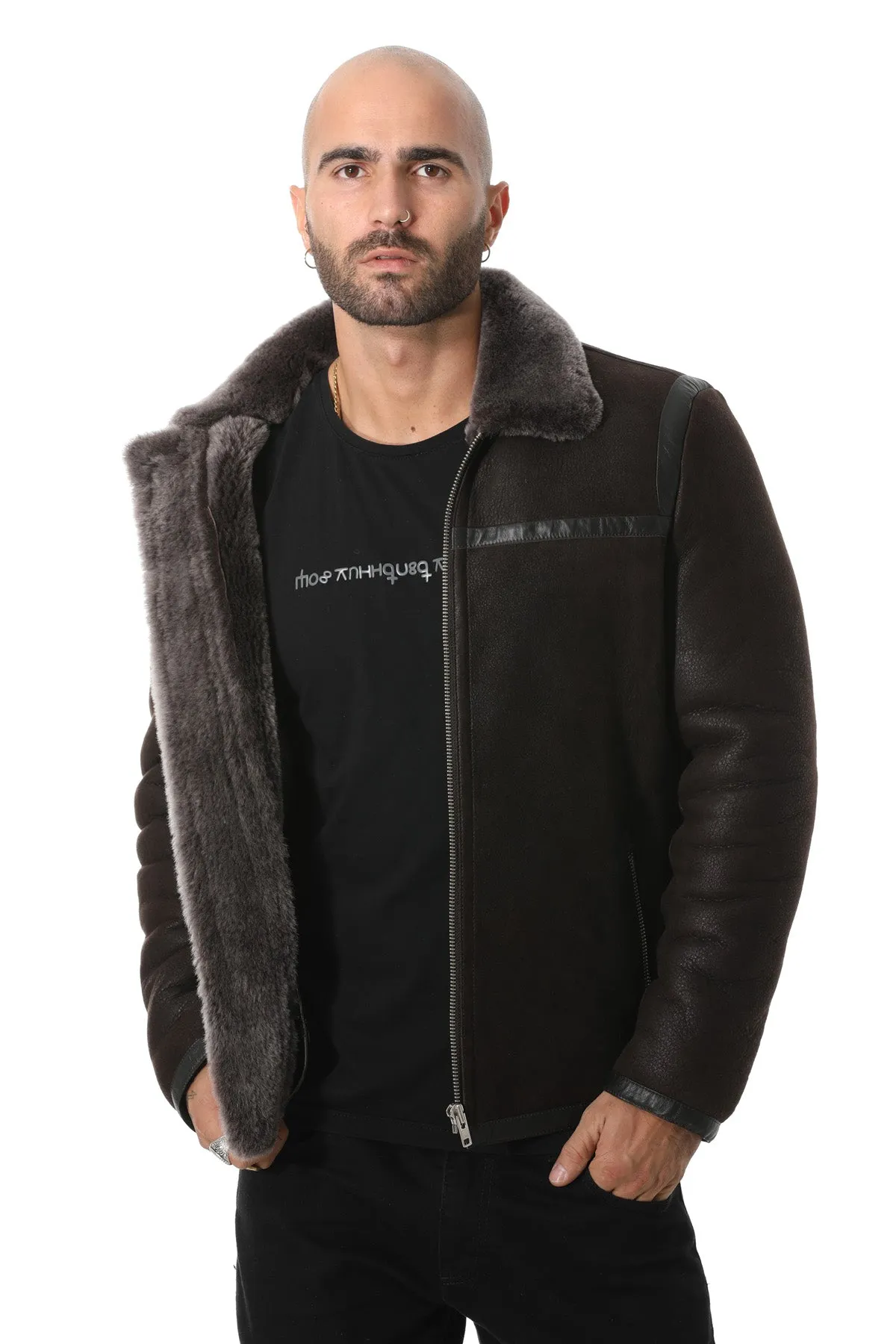 Men's Leather Jacket, Washed Brown with Brissa Wool