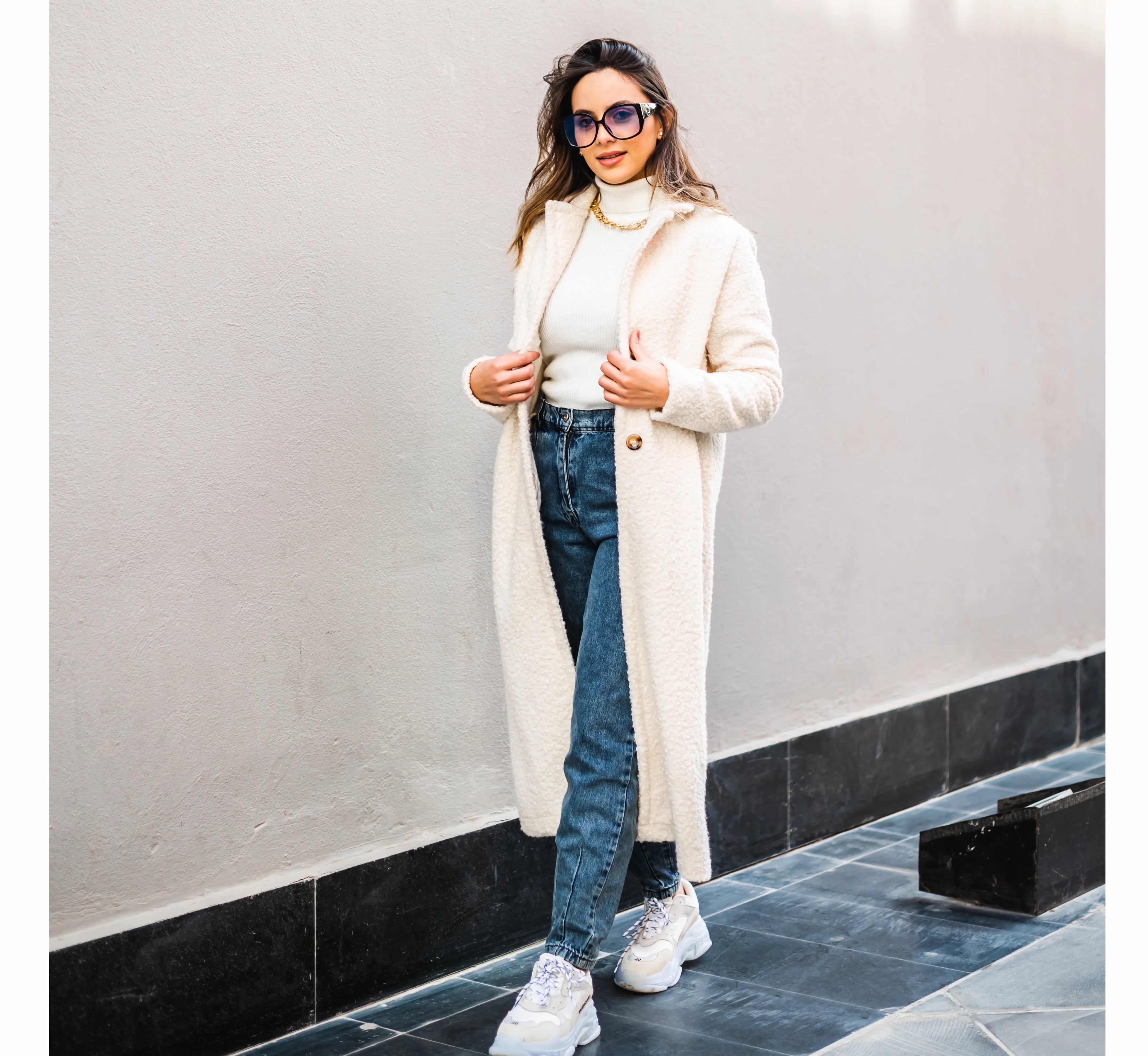 Off white faux shearling long coat