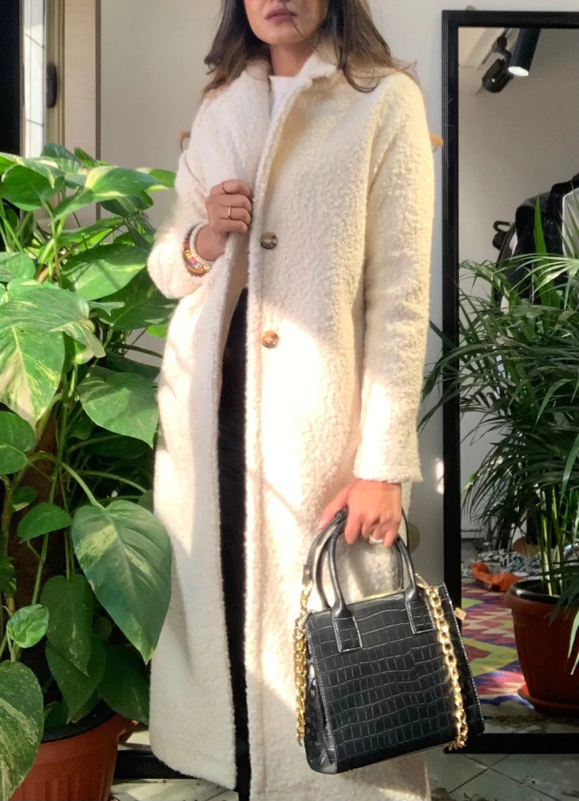 Off white faux shearling long coat