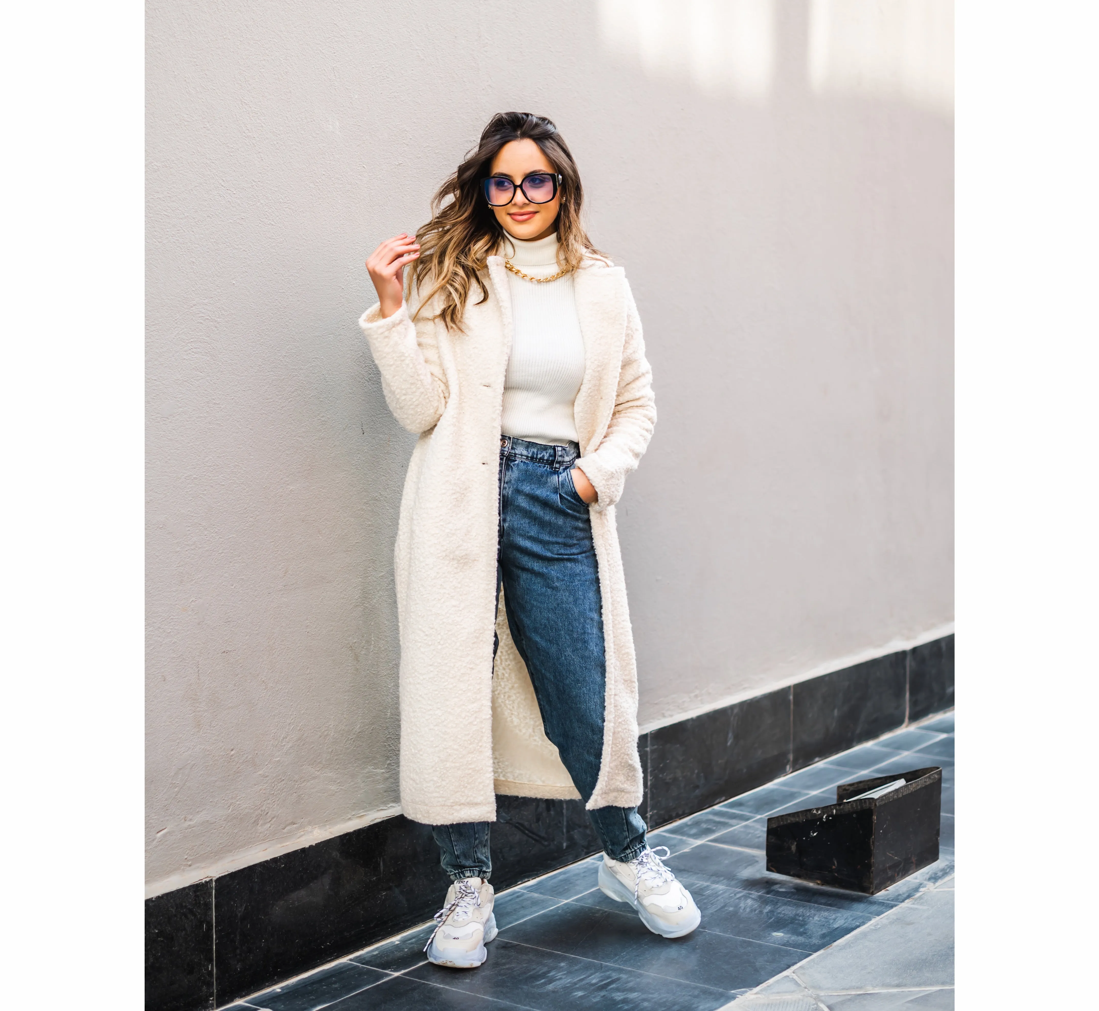 Off white faux shearling long coat