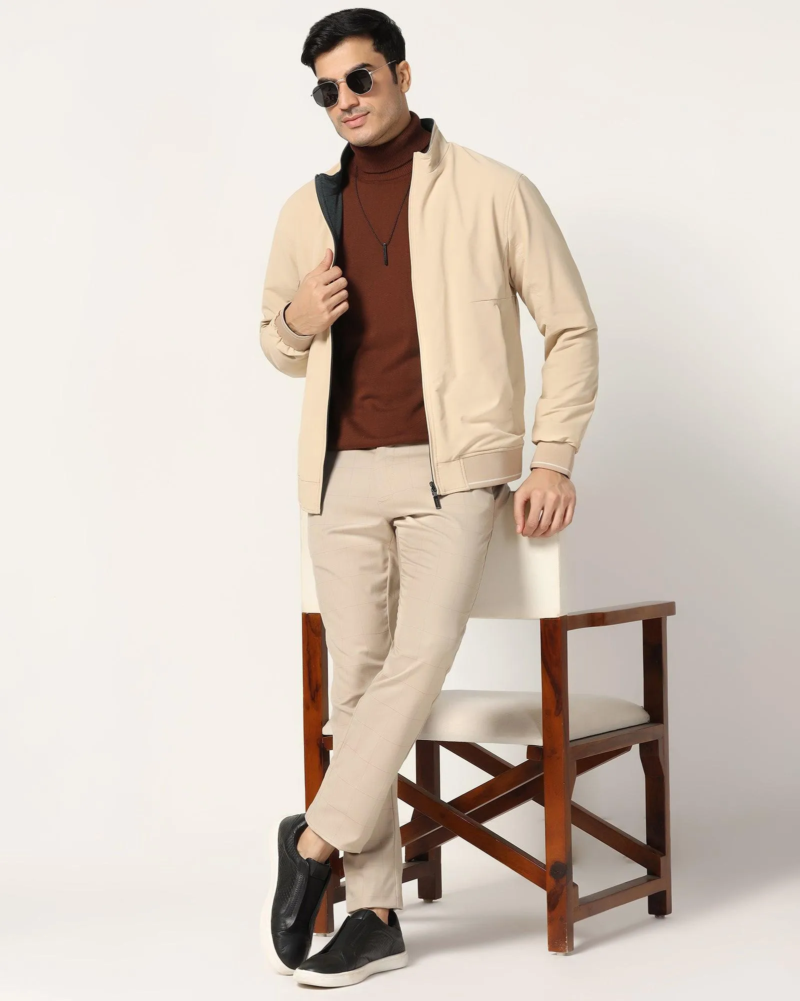 Reversible Beige Solid Zipper Jacket - Coronado