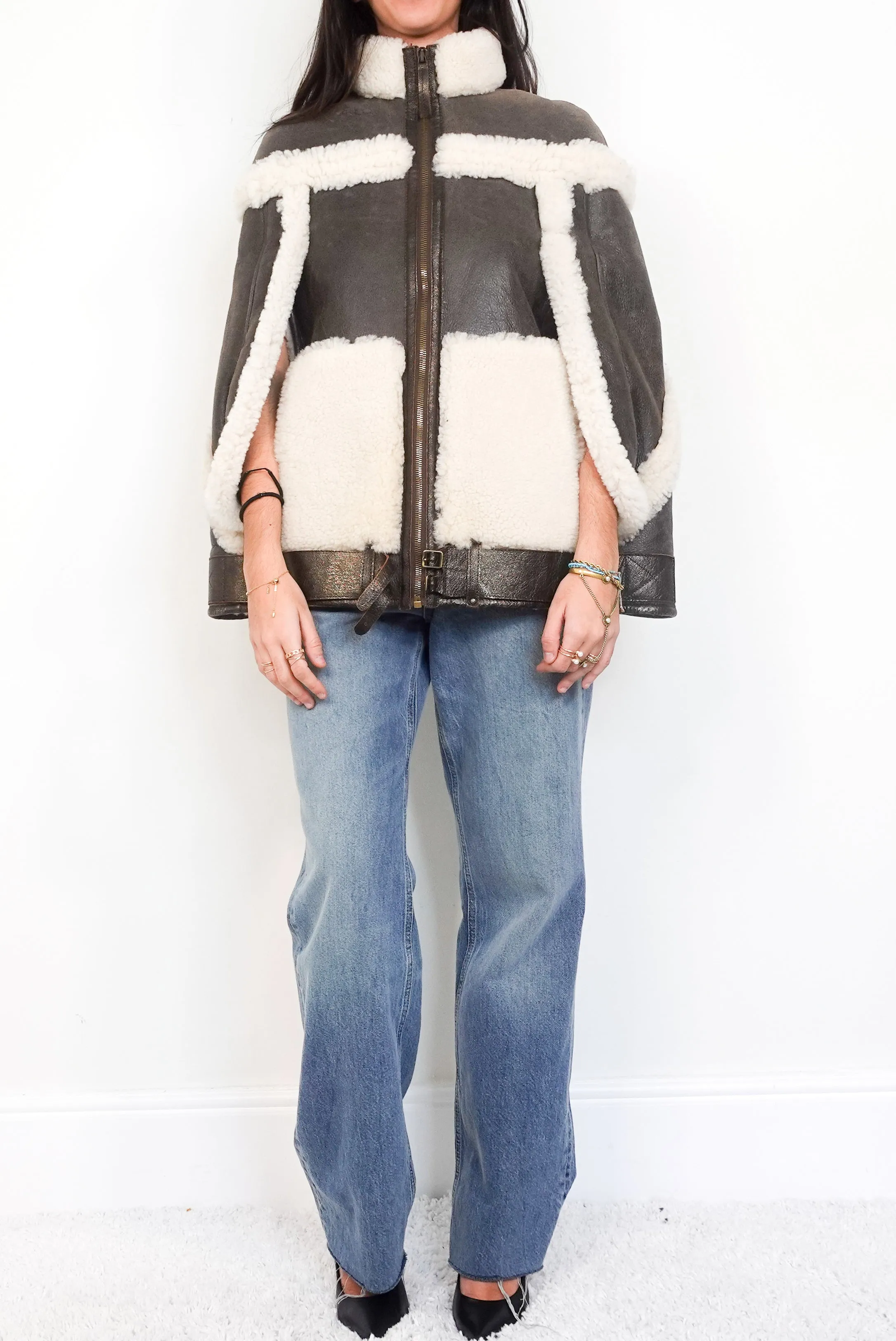 Shearling and leather cape RRP £2420
