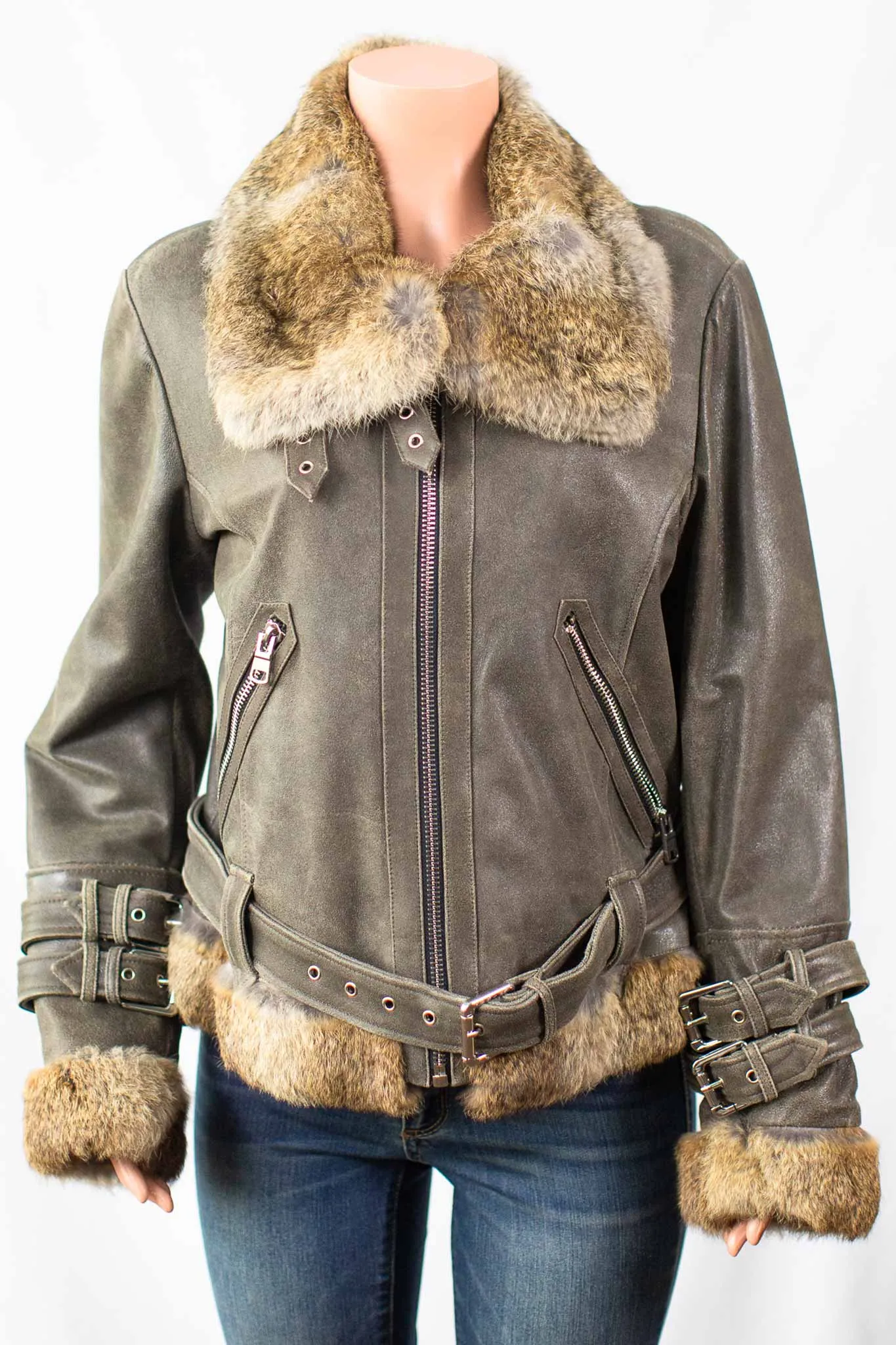 Shearling Leather Moto Jacket with Rabbit Fur Trim
