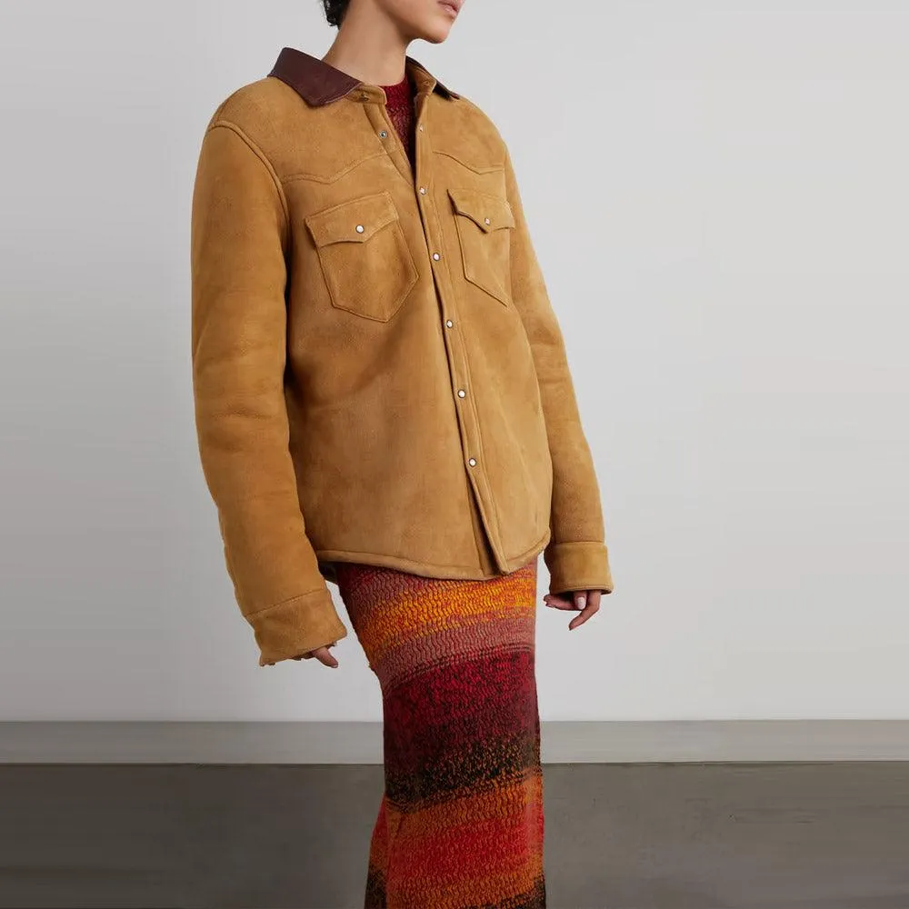 Women's Camel Shearling Suede With Classic Flap Pockets Leather Shirt