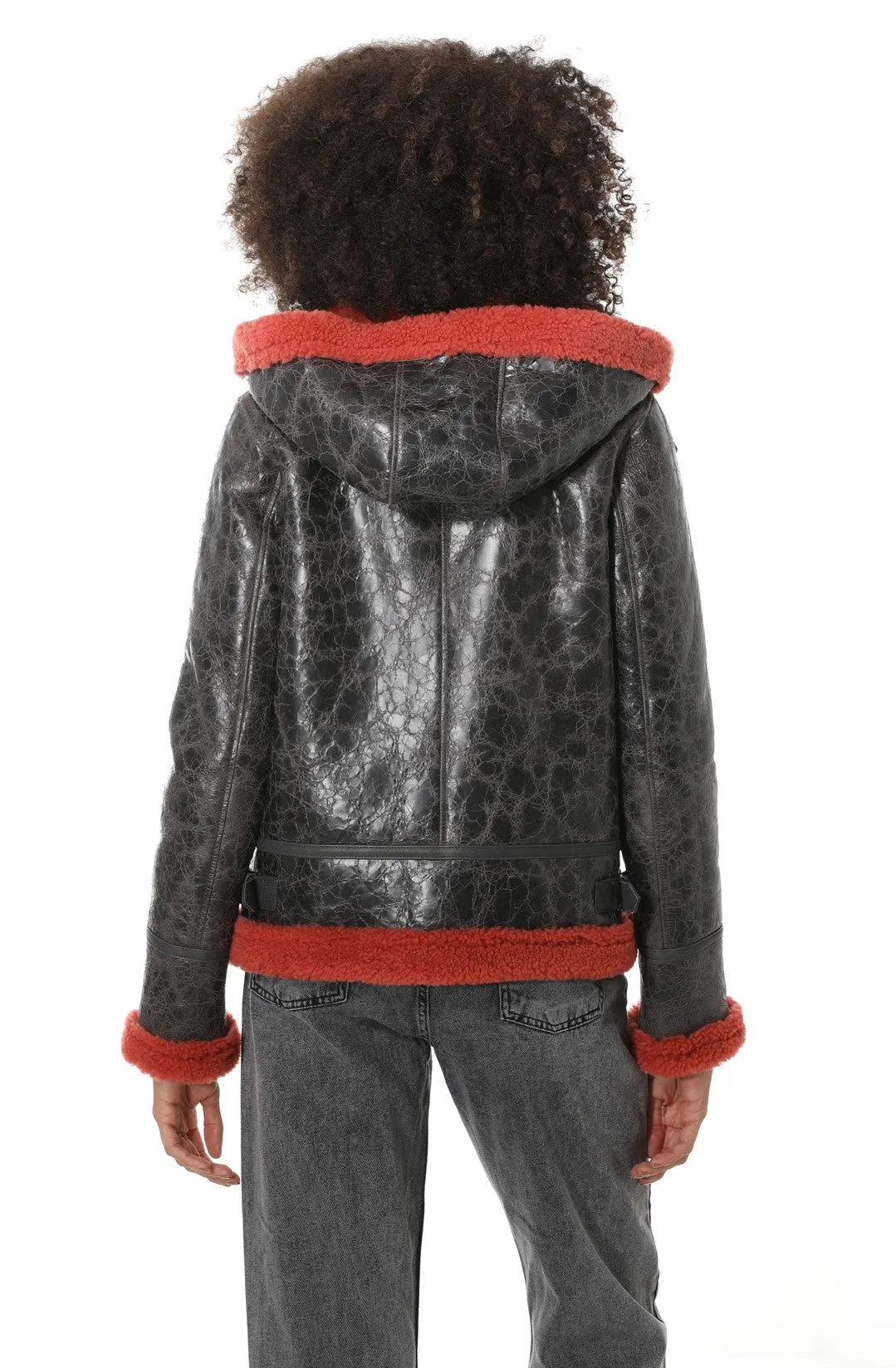 Women's Detachable Hooded Shearling Jacket, Cracked Anthracite with Coral Curly Wool