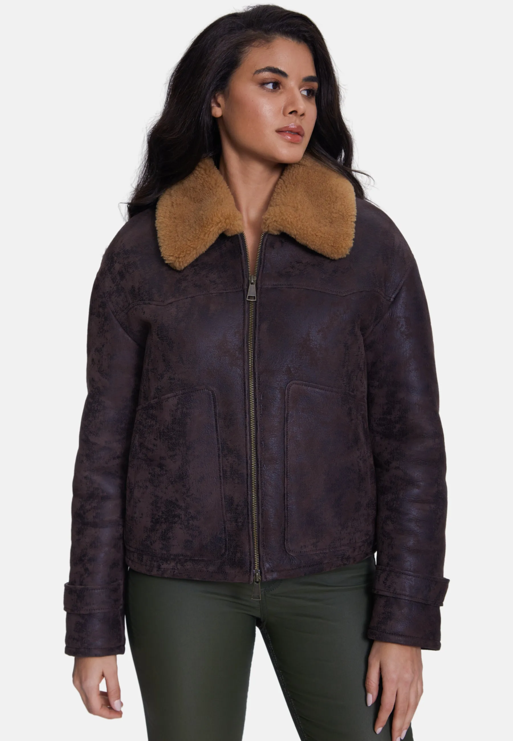 Women's Fashion Jacket, Aged Brown With Ginger Curly Wool