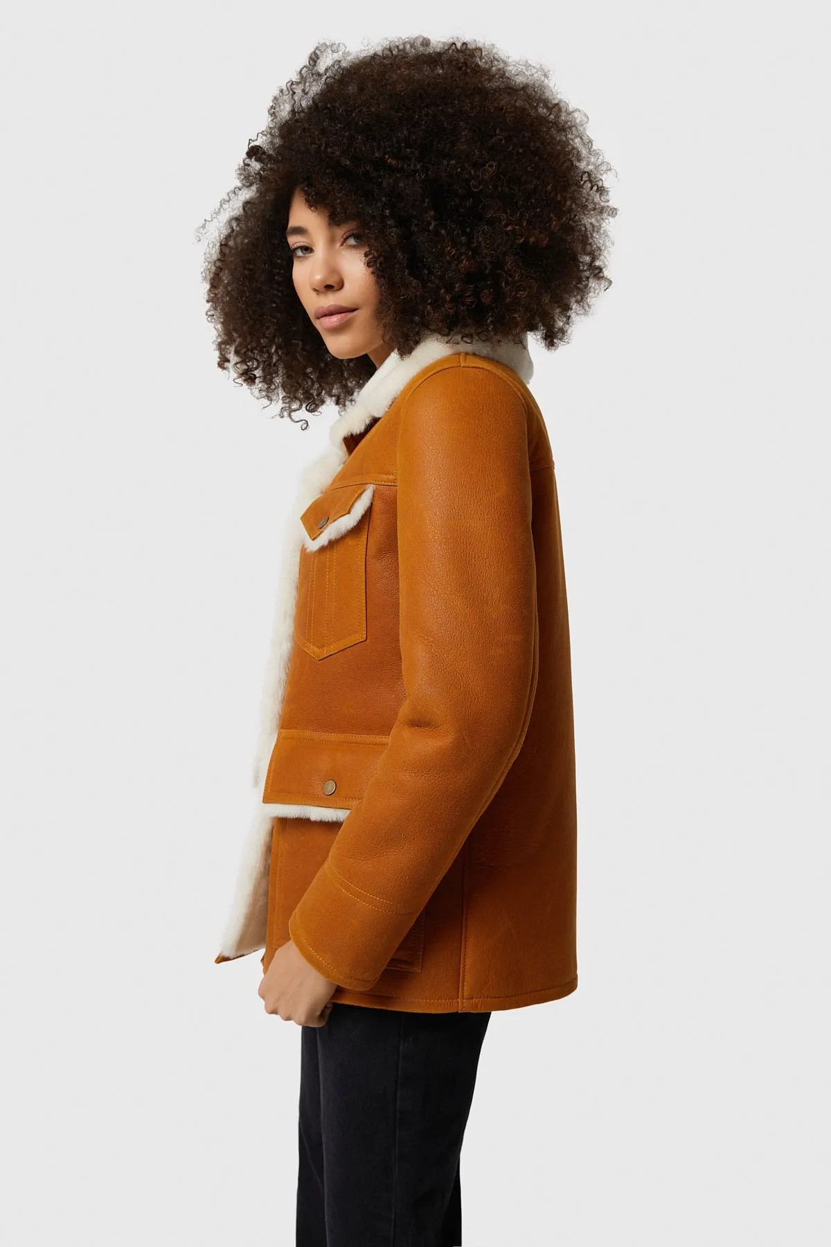 Women's Shearling Western Trucker Coat, Washed Tan with White Wool