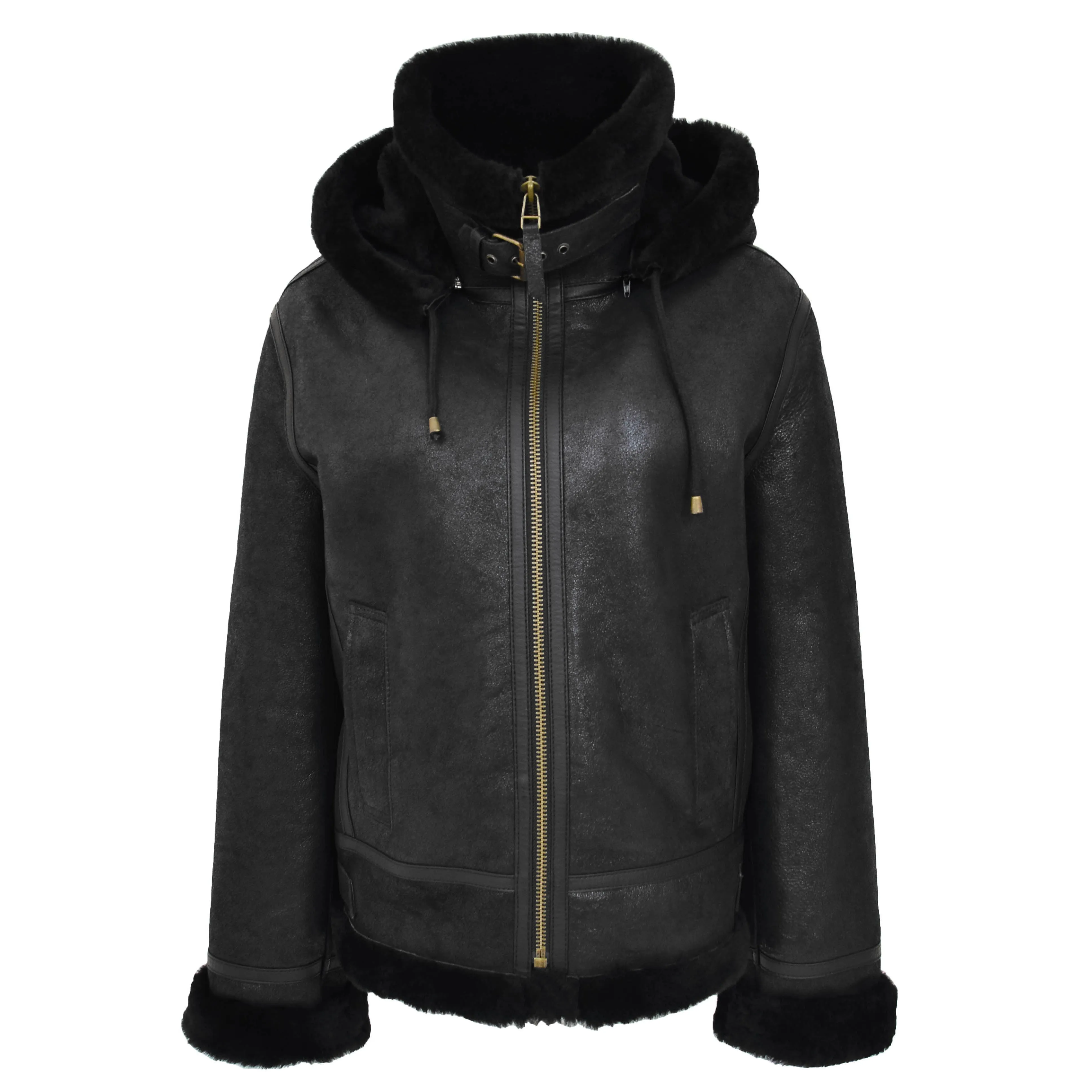 Womens Sheepskin B3 Detachable Hoodie Jacket Naomi Black